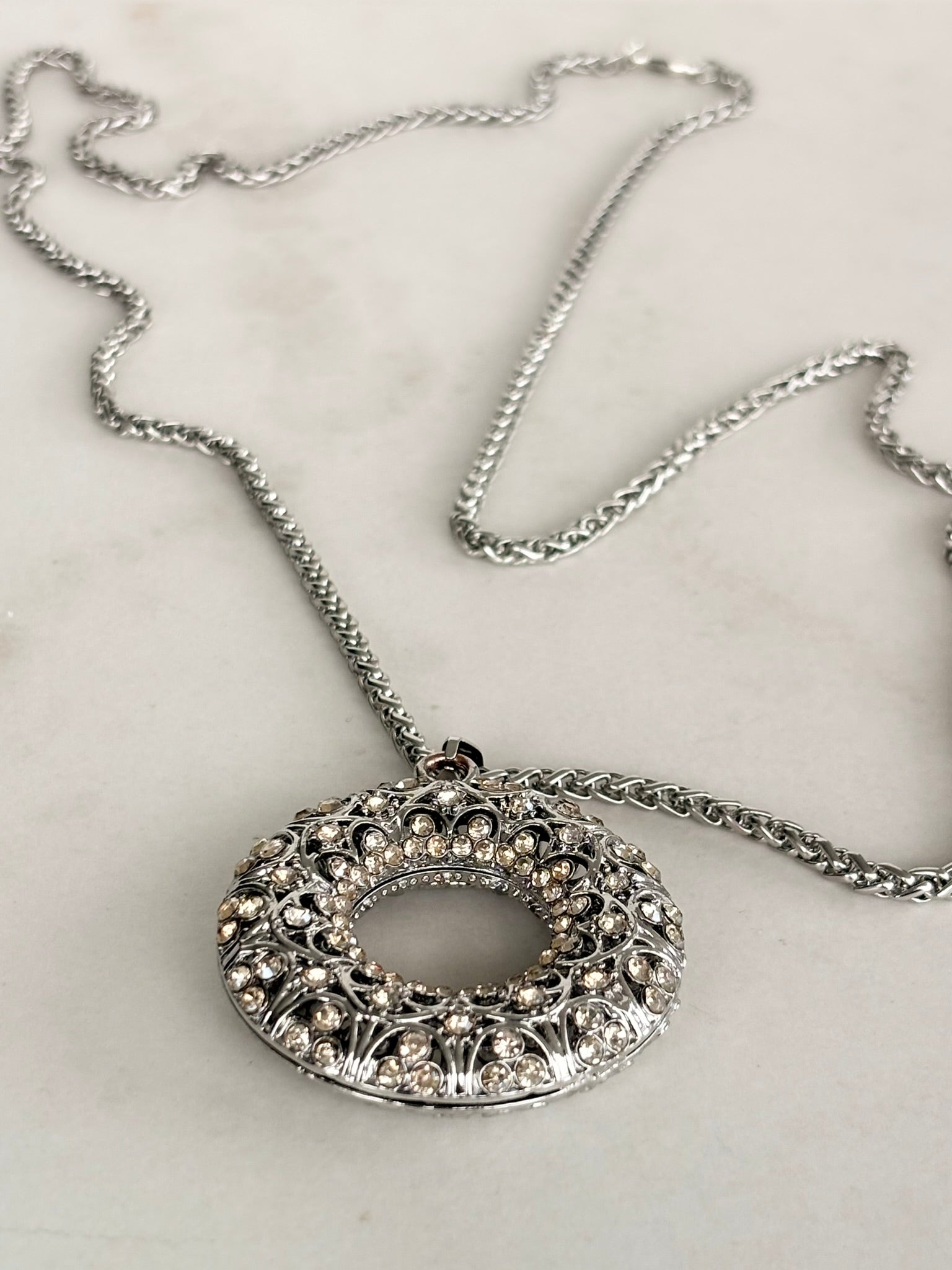 Silver Crystal Filigree Circle Pendant Necklace