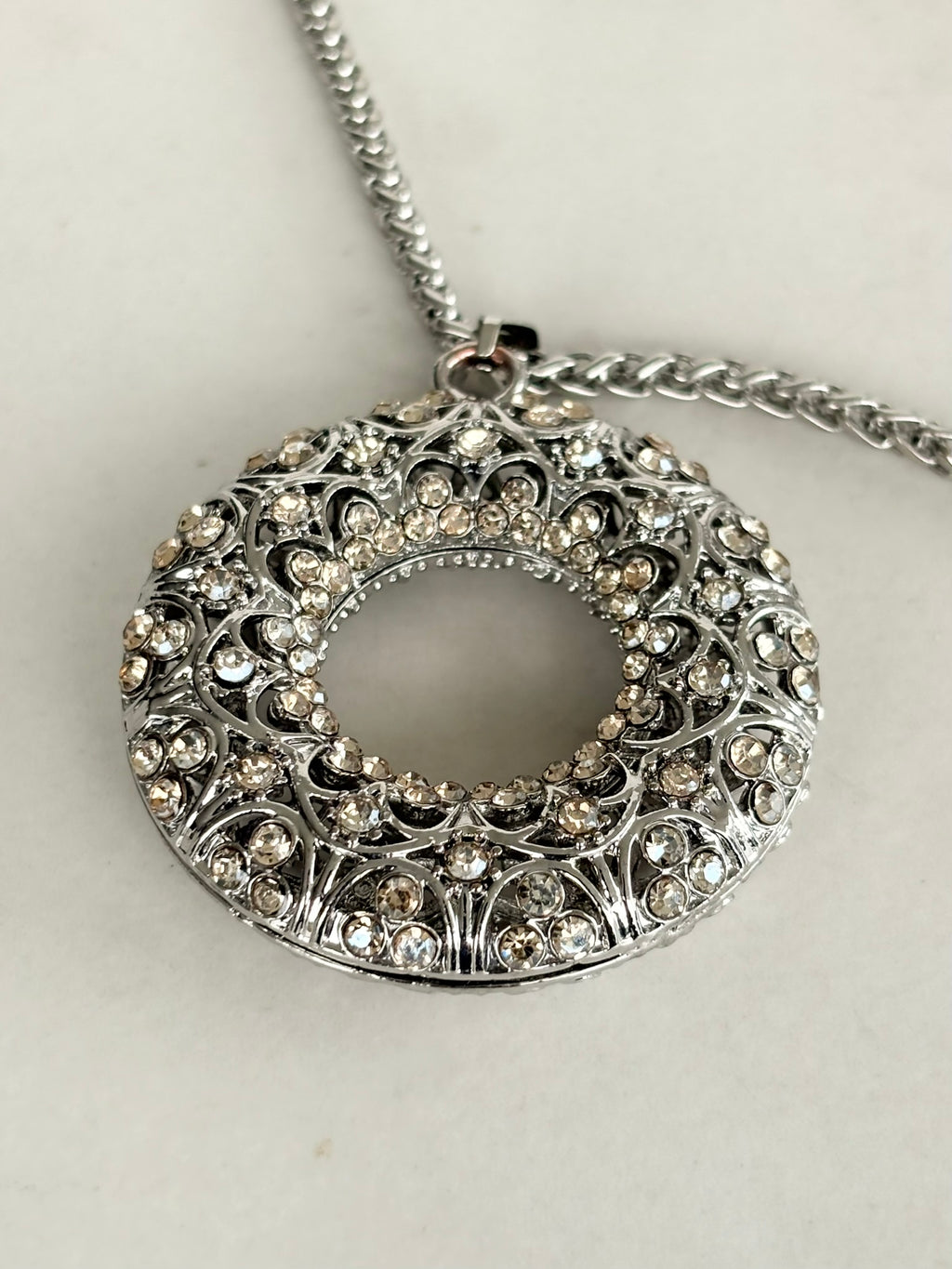 Silver Crystal Filigree Circle Pendant Necklace