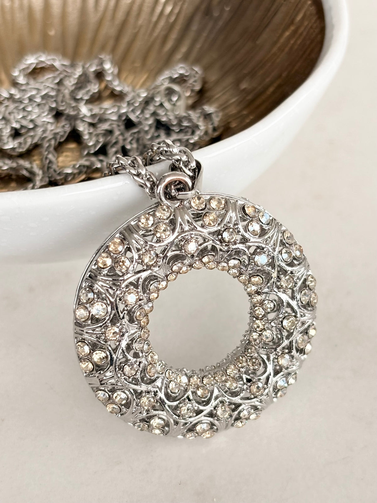 Silver Crystal Filigree Circle Pendant Necklace