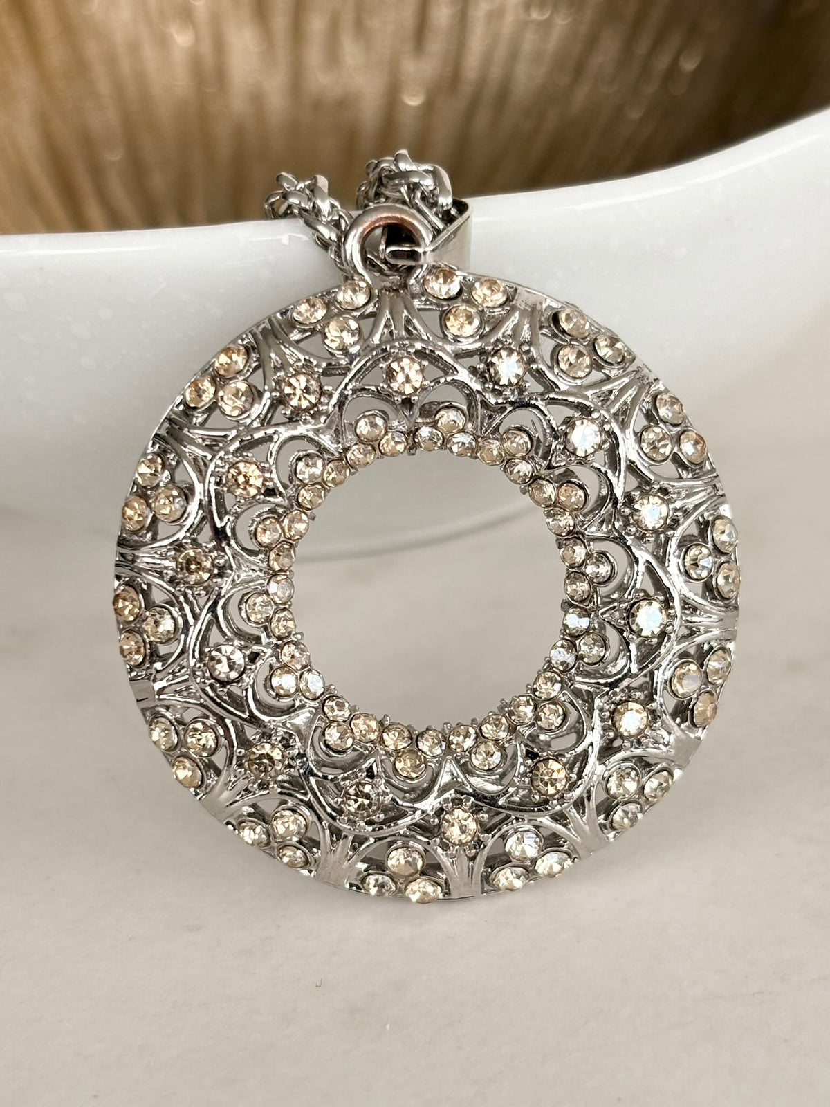 Silver Crystal Filigree Circle Pendant Necklace