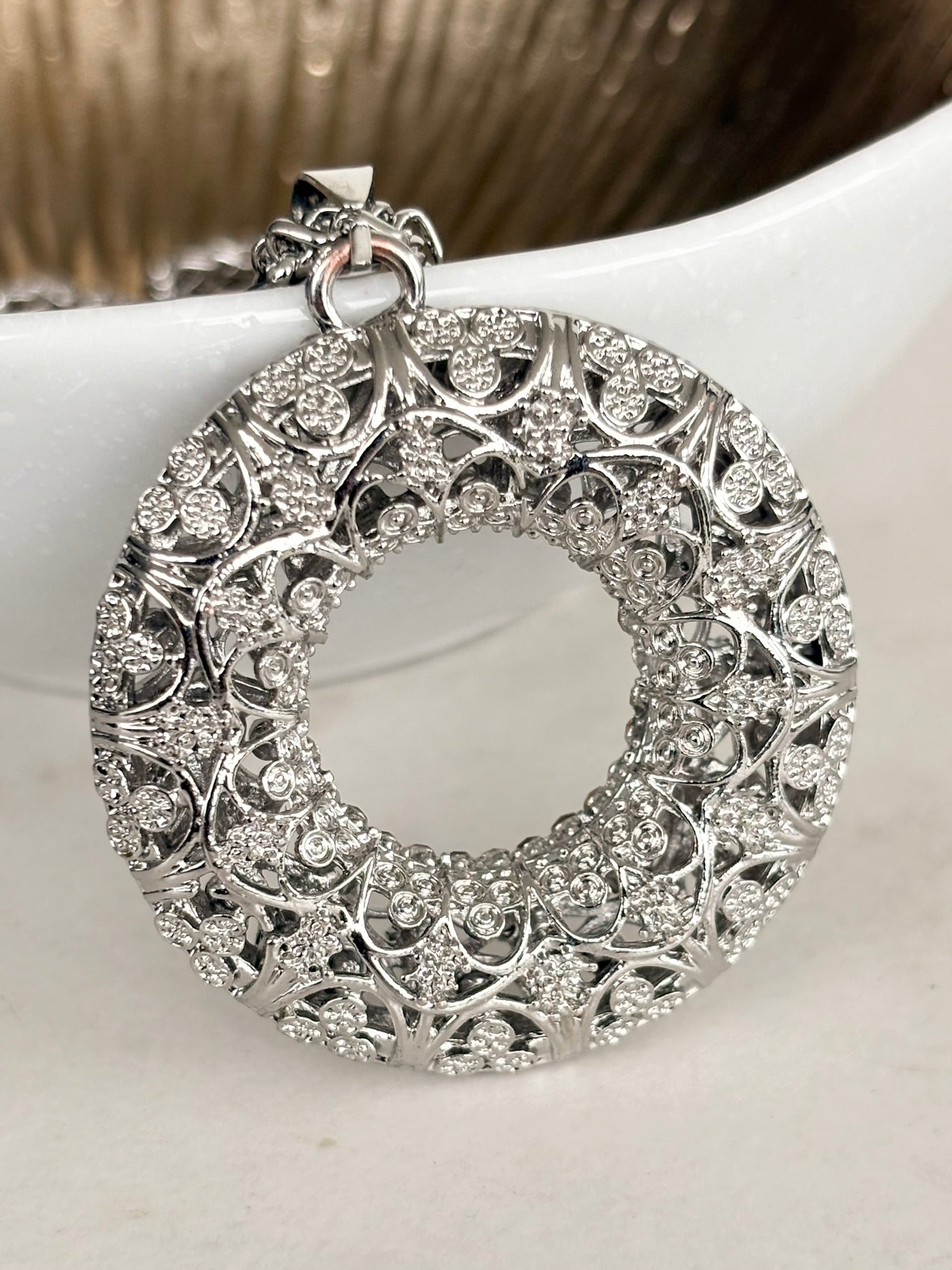 Silver Crystal Filigree Circle Pendant Necklace