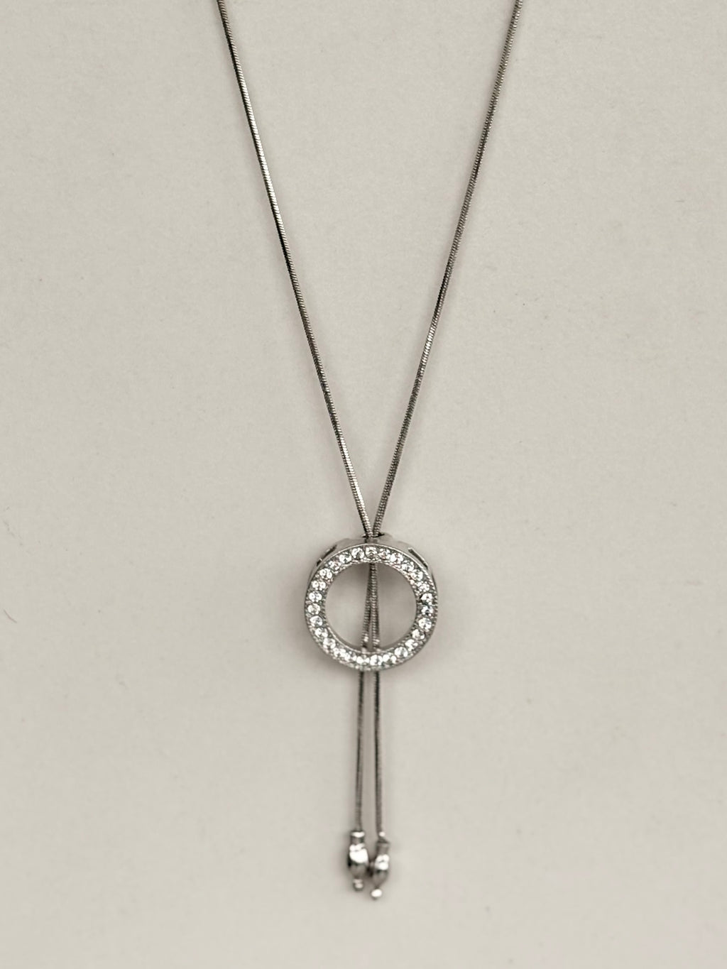 Silver Crystal Circle Slider Necklace, Lariat Style