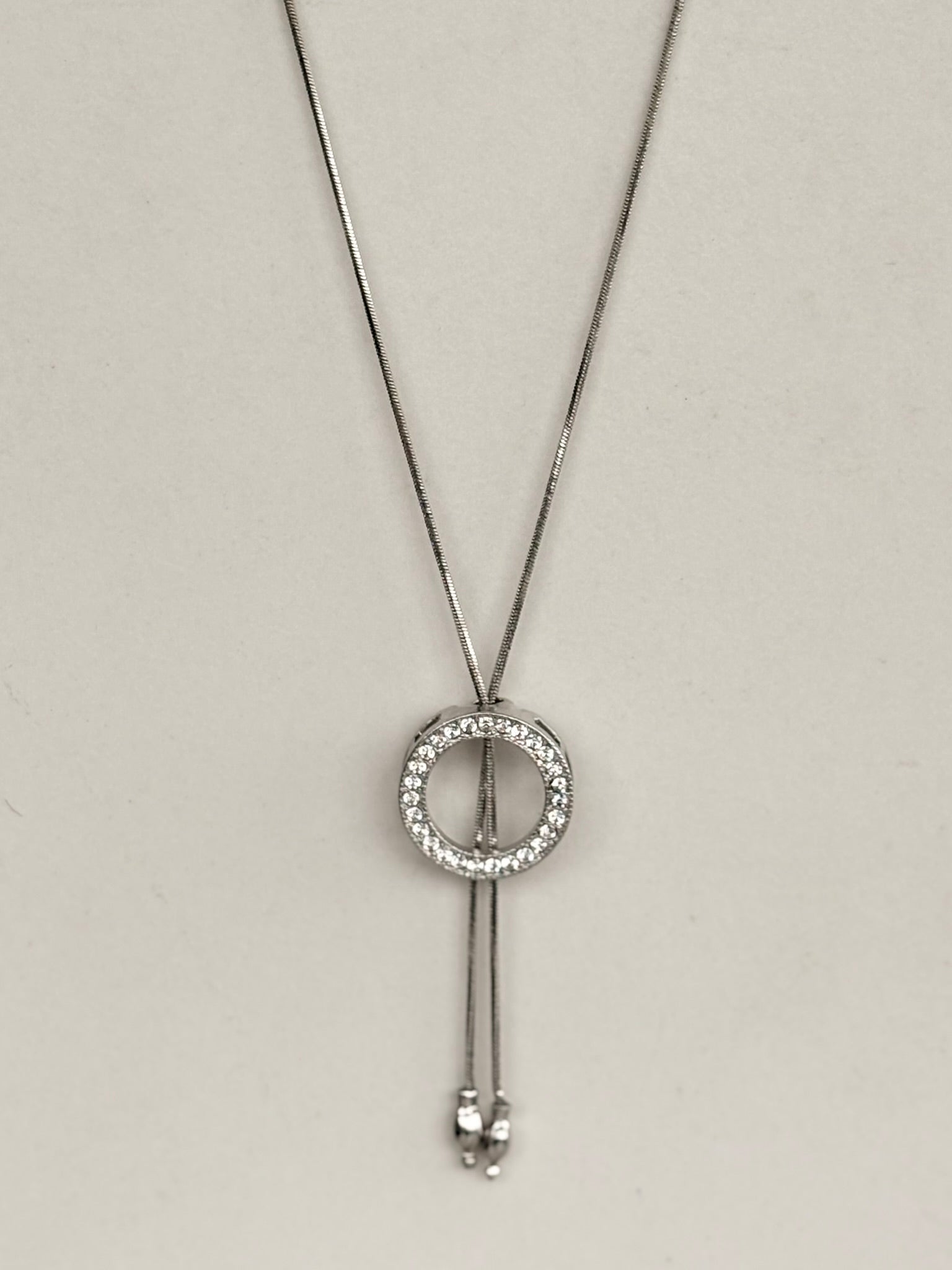 Silver Crystal Circle Slider Necklace, Lariat Style