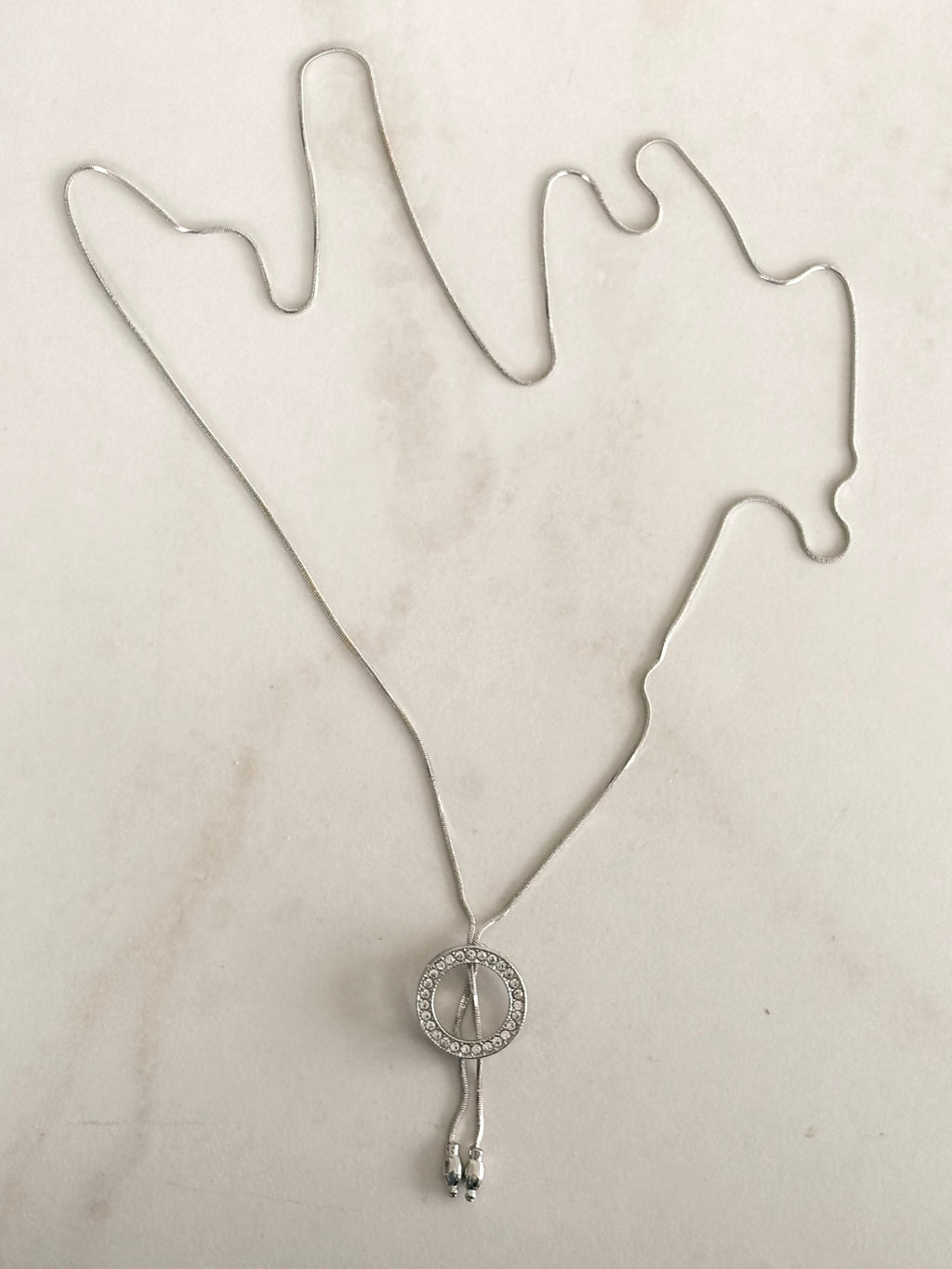 Silver Crystal Circle Slider Necklace, Lariat Style