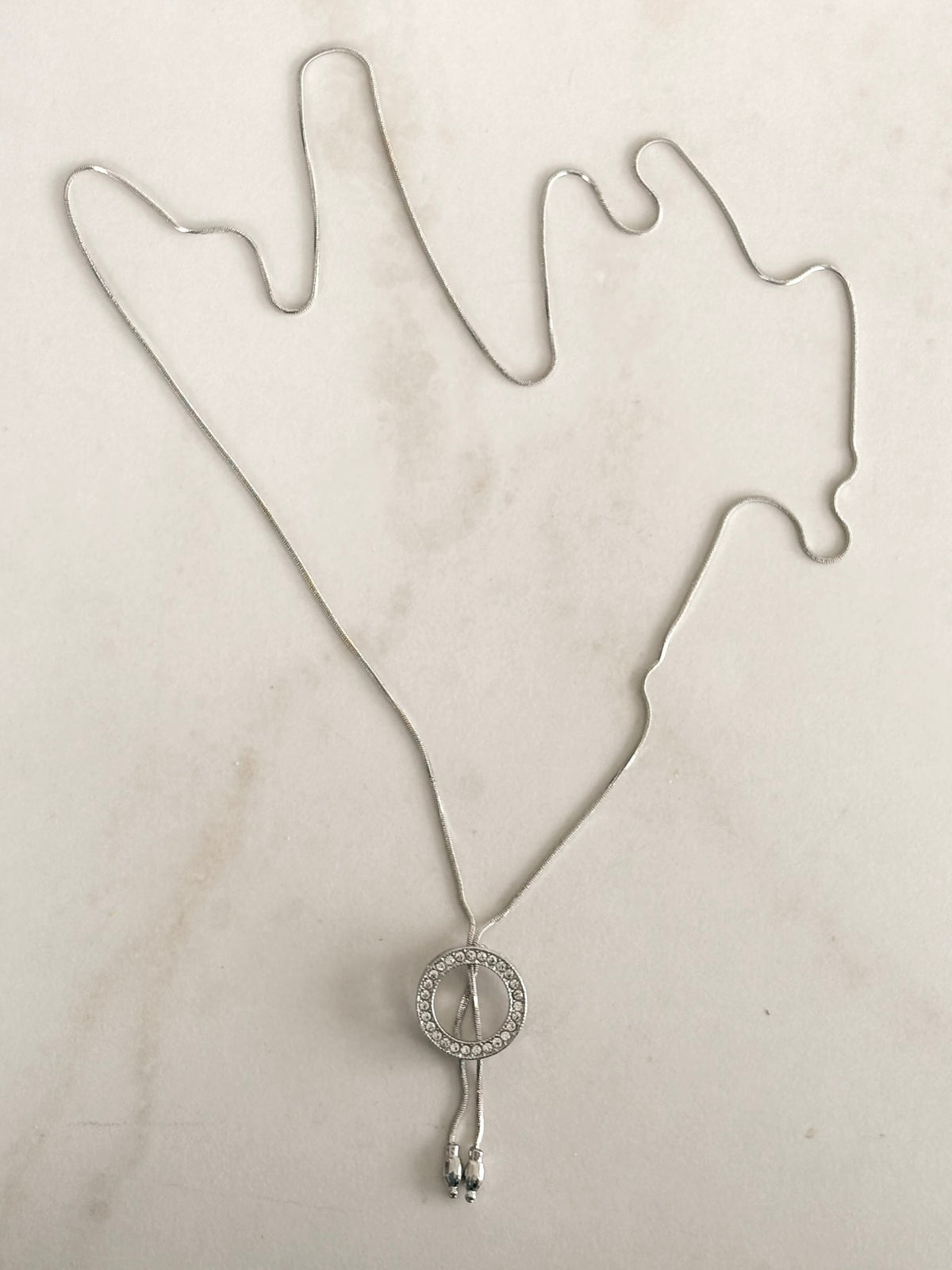 Silver Crystal Circle Slider Necklace, Lariat Style