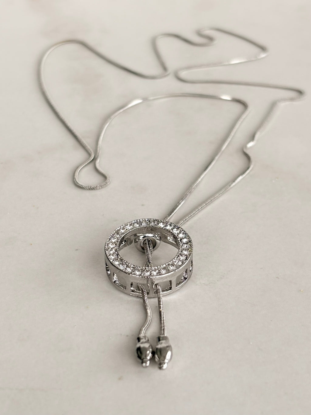 Silver Crystal Circle Slider Necklace, Lariat Style