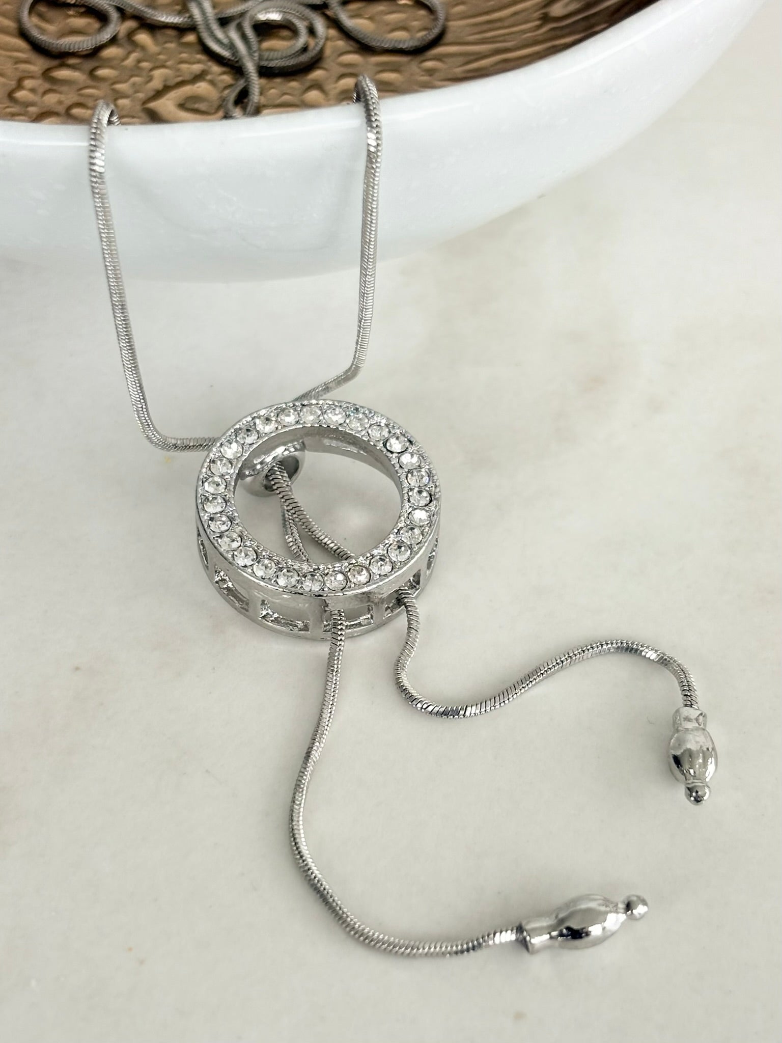 Silver Crystal Circle Slider Necklace, Lariat Style