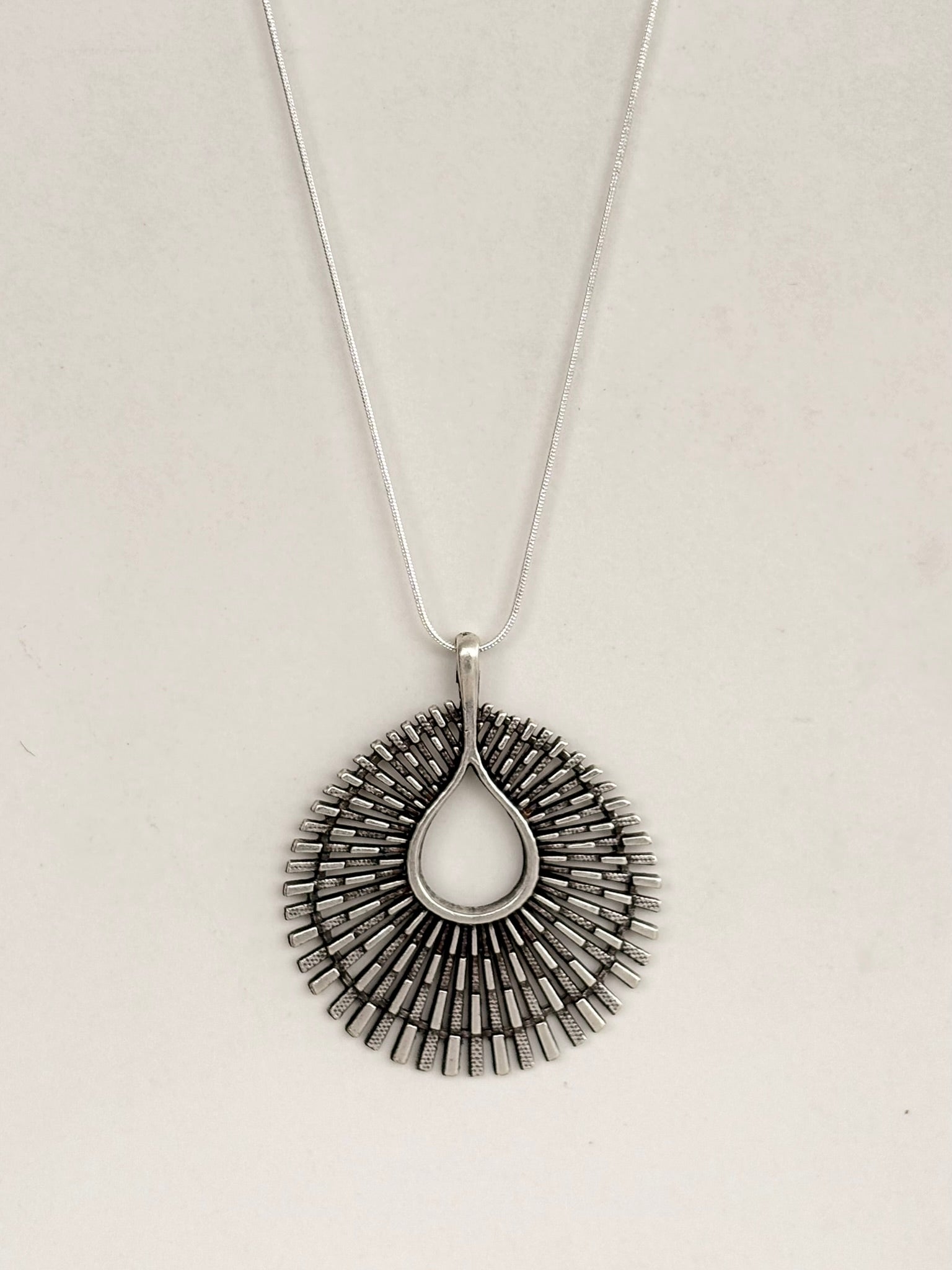 Silver Sunburst Teardrop Pendant Necklace