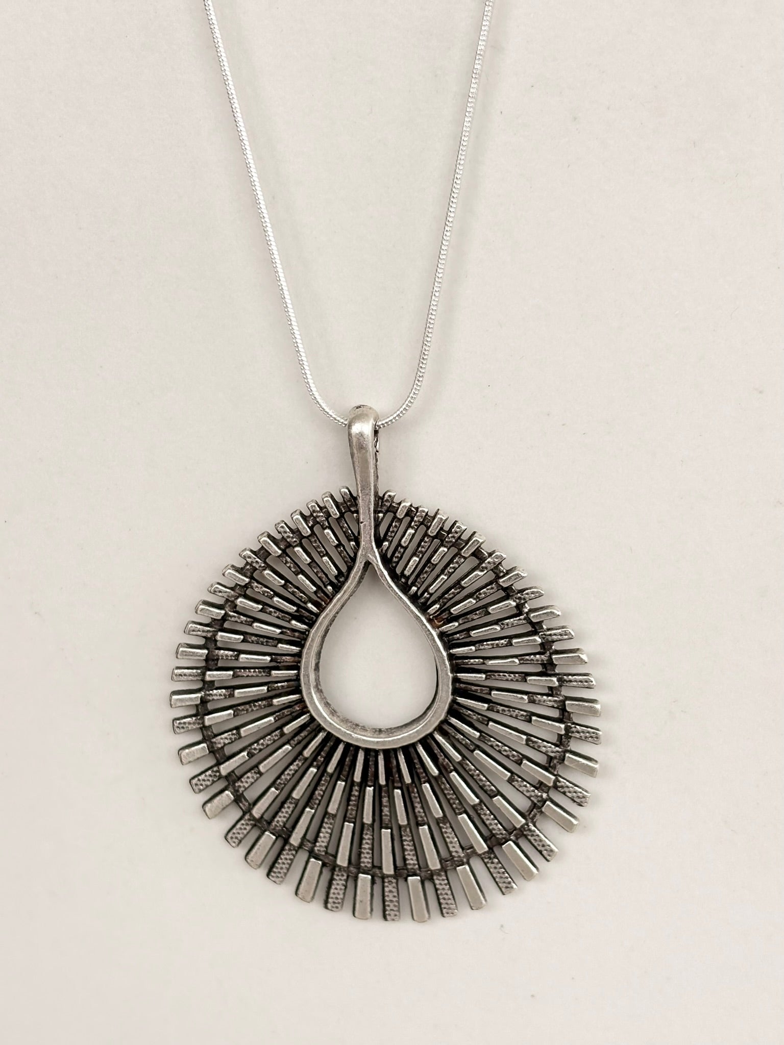 Silver Sunburst Teardrop Pendant Necklace