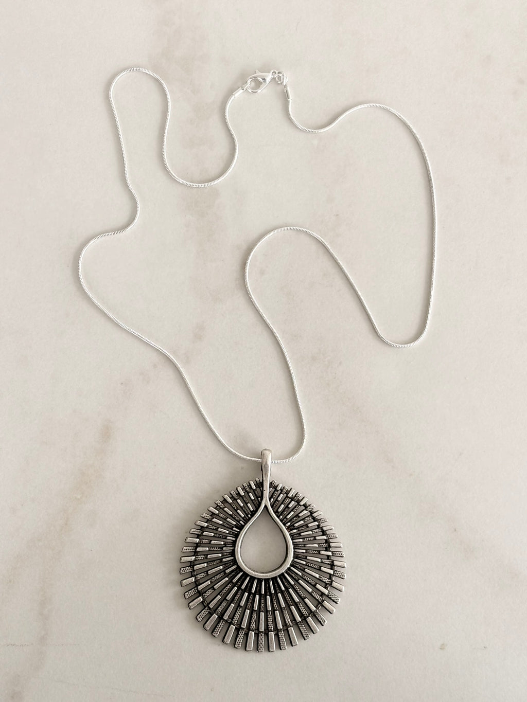Silver Sunburst Teardrop Pendant Necklace