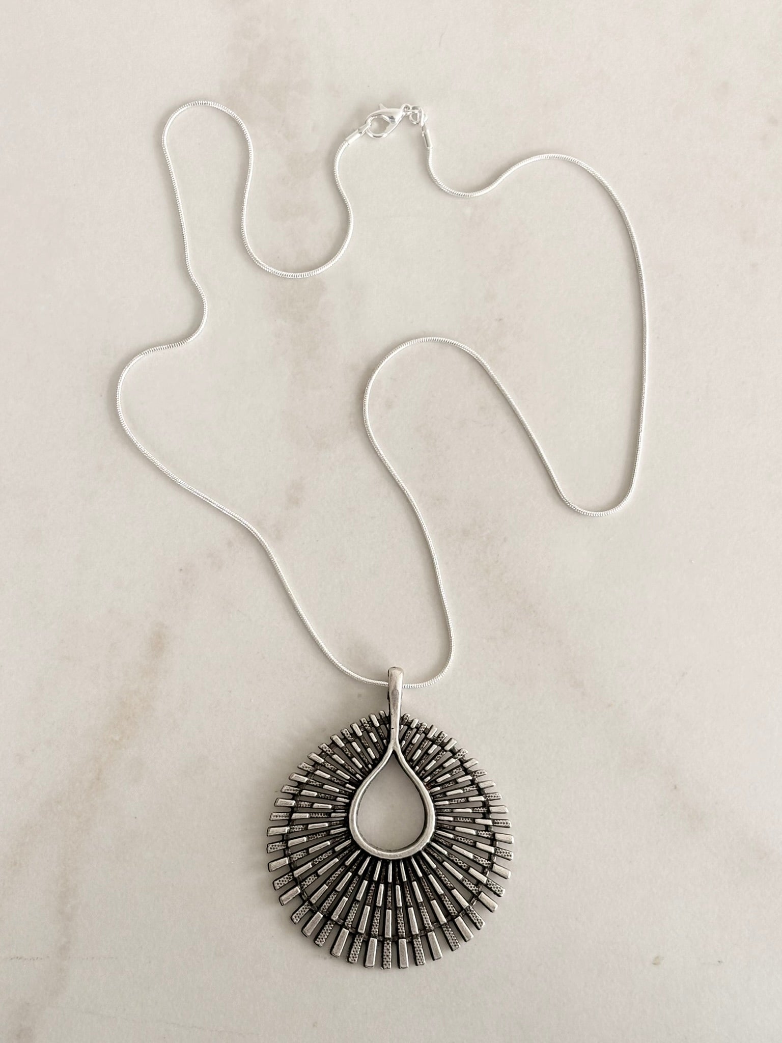 Silver Sunburst Teardrop Pendant Necklace