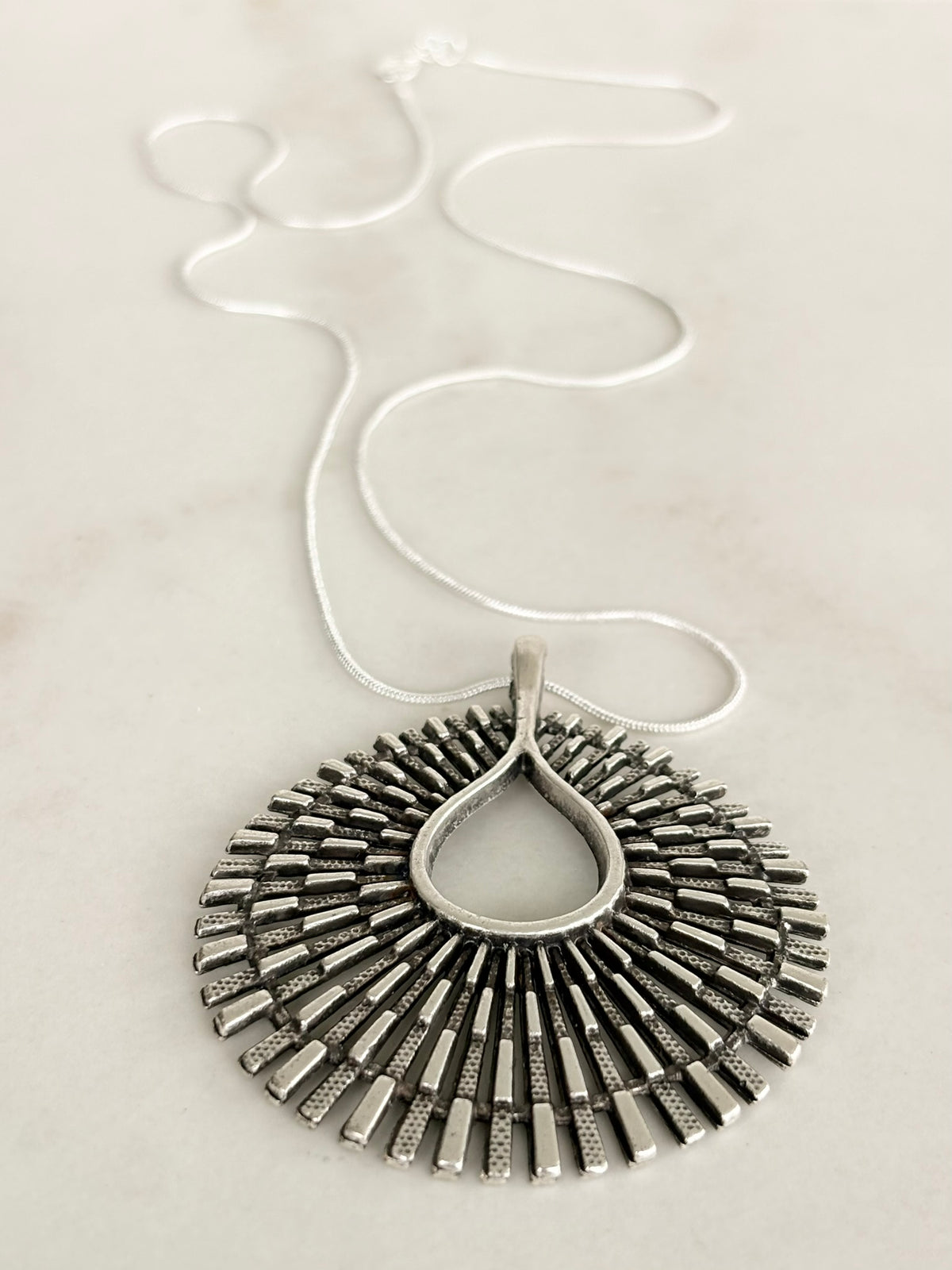 Silver Sunburst Teardrop Pendant Necklace