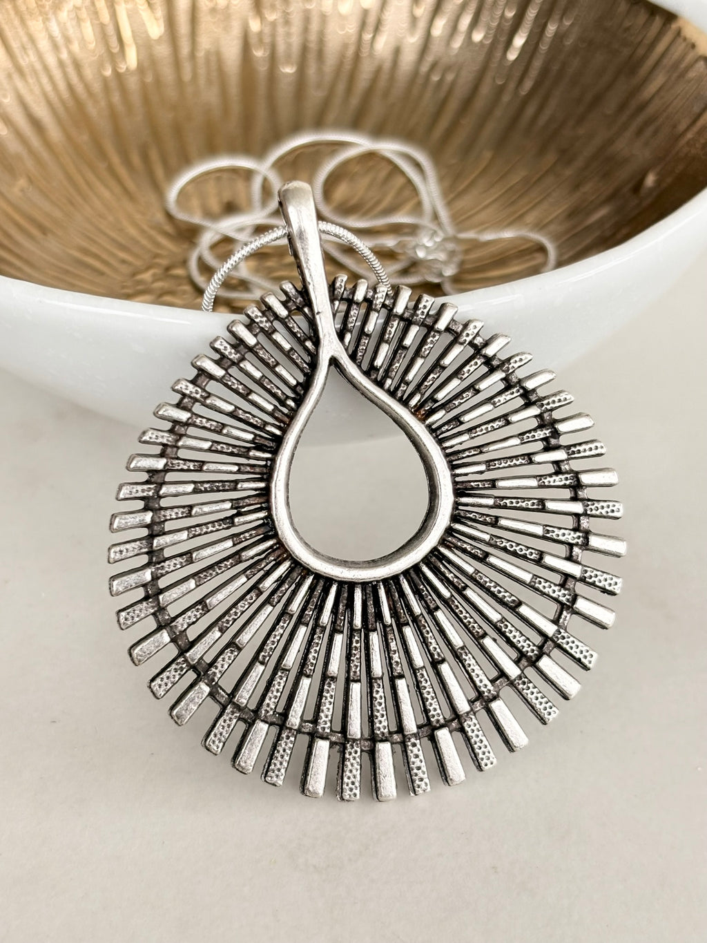 Silver Sunburst Teardrop Pendant Necklace