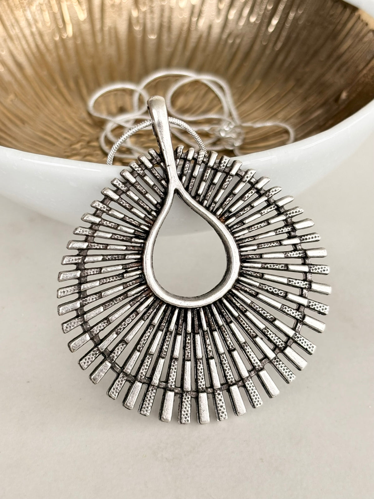 Silver Sunburst Teardrop Pendant Necklace