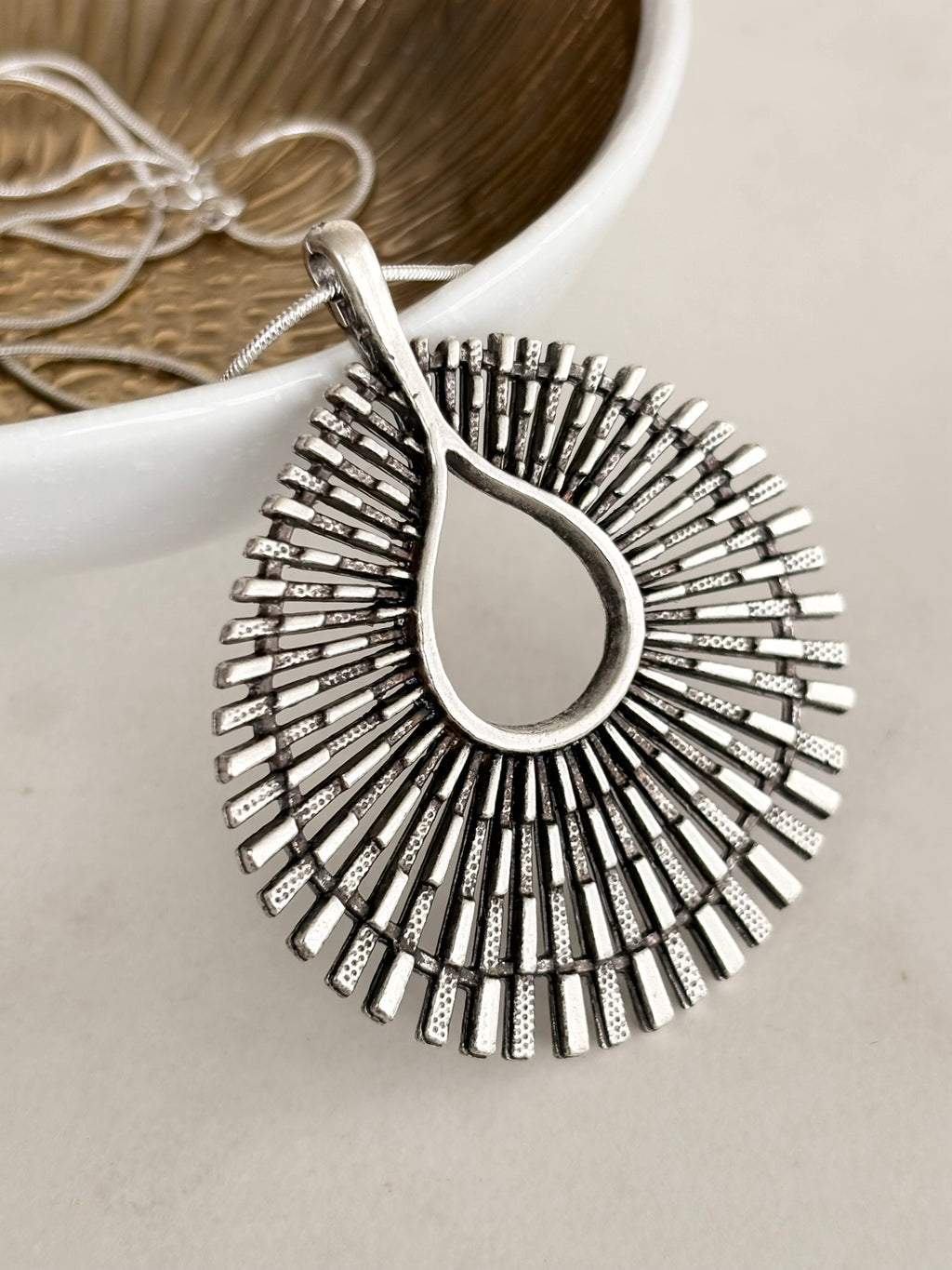 Silver Sunburst Teardrop Pendant Necklace