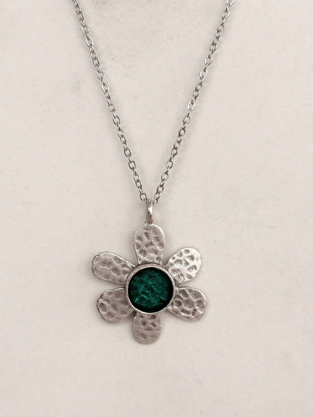 Silver Hammered Daisy Pendant Necklace, Green Centre