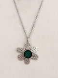 Silver Hammered Daisy Pendant Necklace, Green Centre