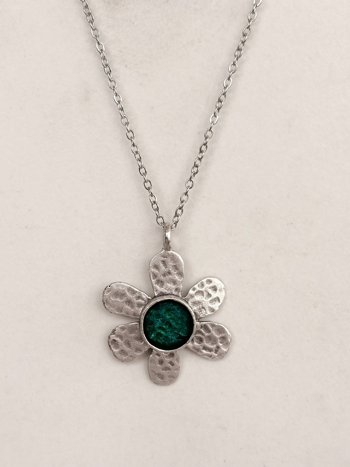 Silver Hammered Daisy Pendant Necklace, Green Centre