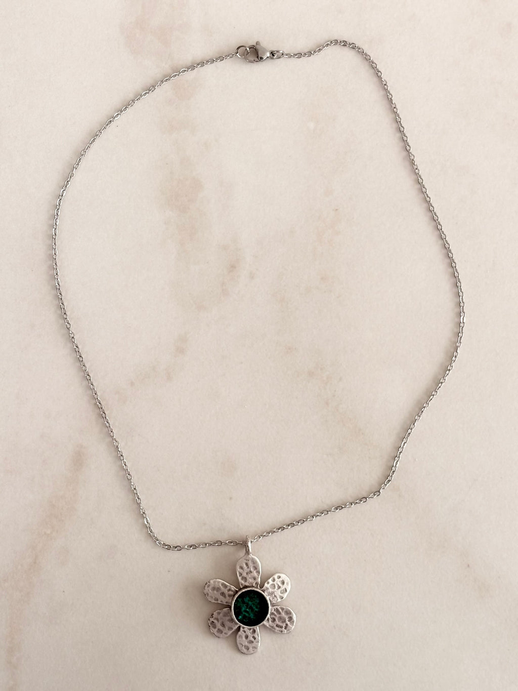 Silver Hammered Daisy Pendant Necklace, Green Centre