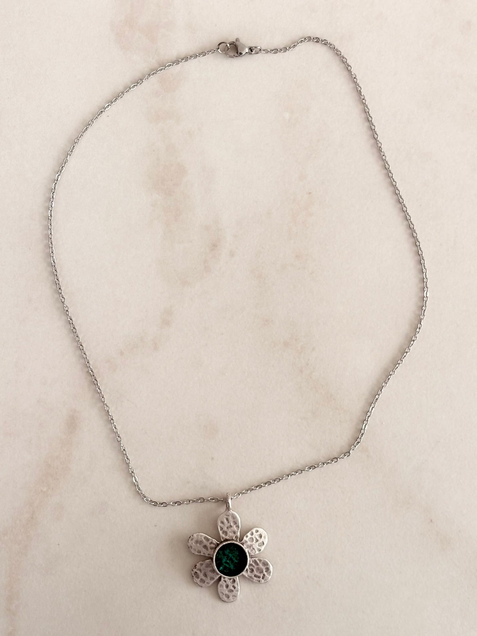 Silver Hammered Daisy Pendant Necklace, Green Centre