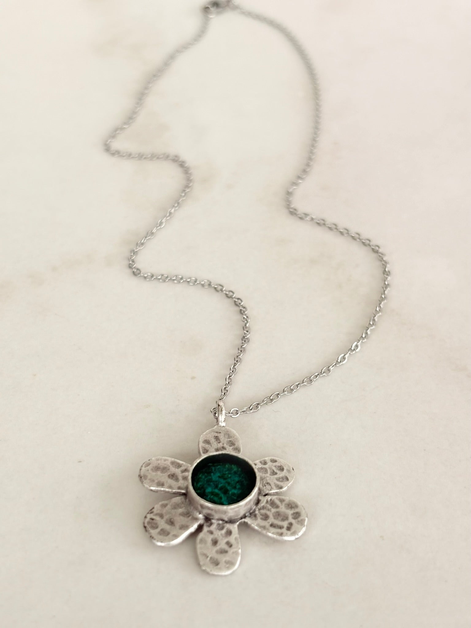 Silver Hammered Daisy Pendant Necklace, Green Centre