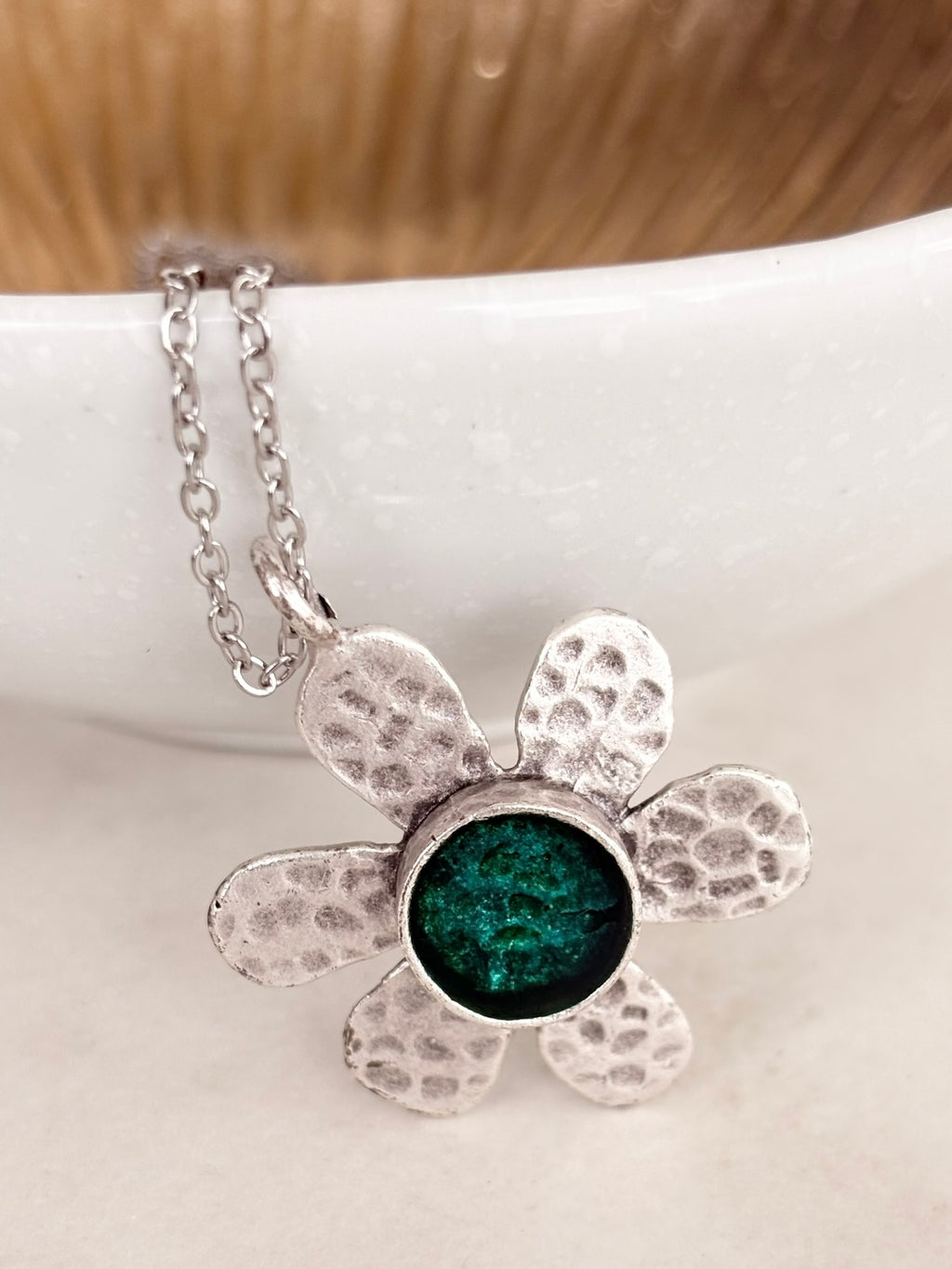 Silver Hammered Daisy Pendant Necklace, Green Centre