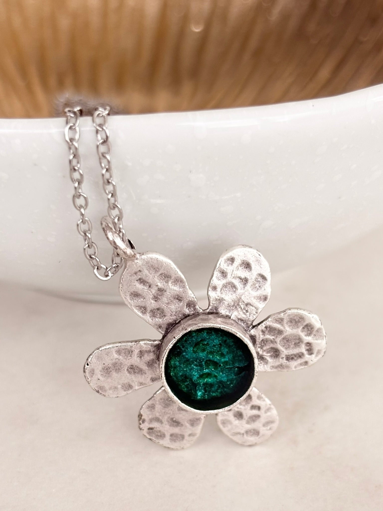 Silver Hammered Daisy Pendant Necklace, Green Centre