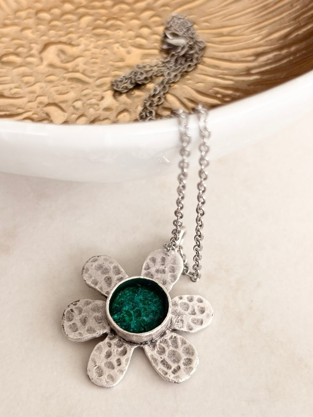 Silver Hammered Daisy Pendant Necklace, Green Centre