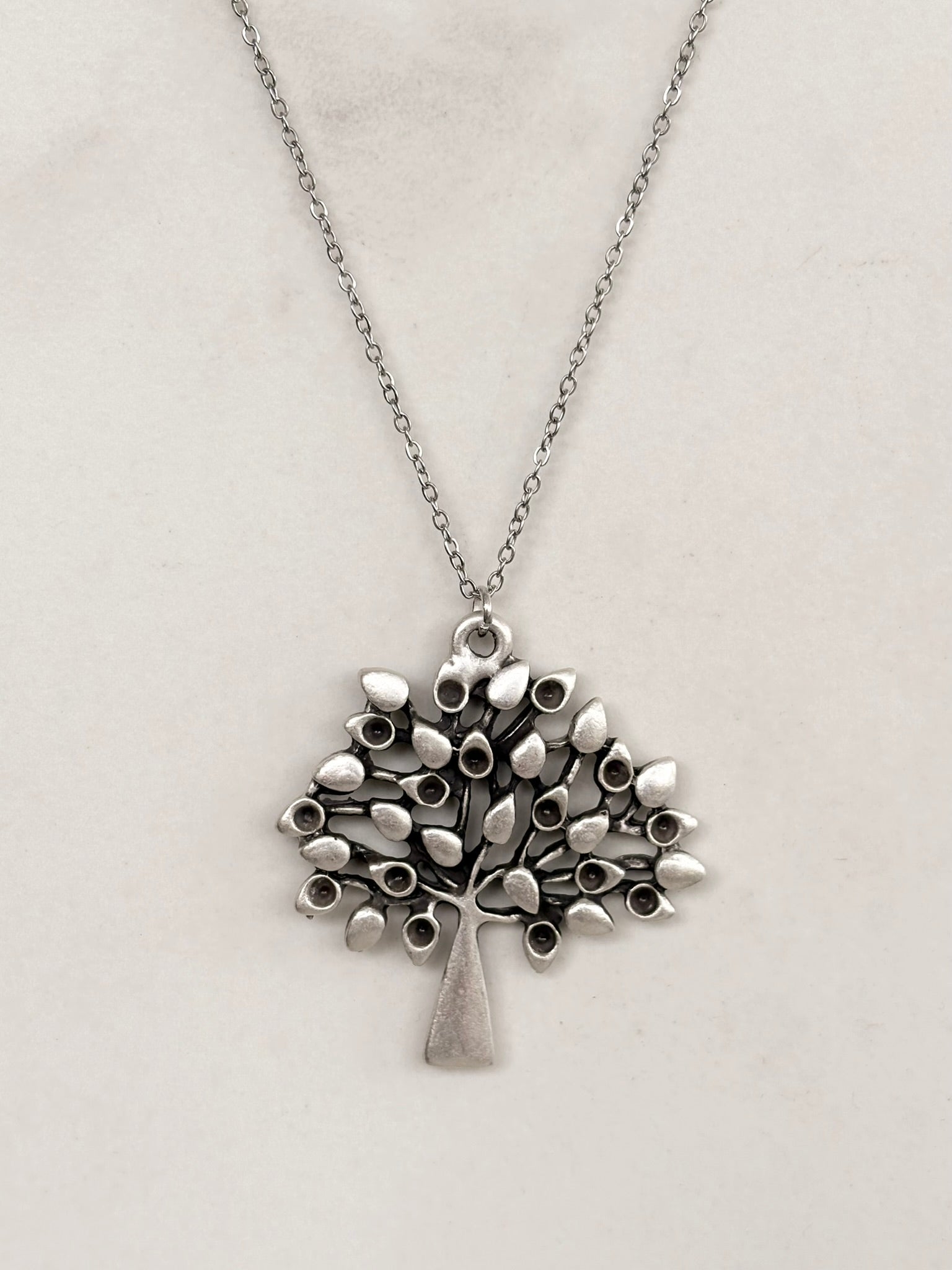 Silver Tree of Life Pendant Necklace, Teardrop Leaves