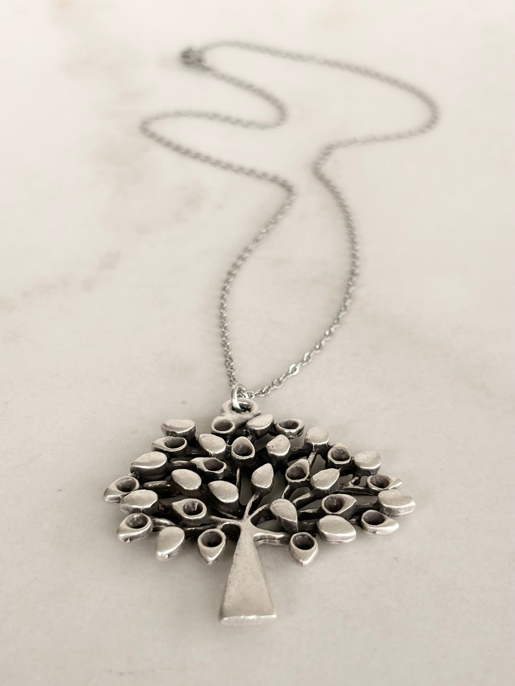 Silver Tree of Life Pendant Necklace, Teardrop Leaves