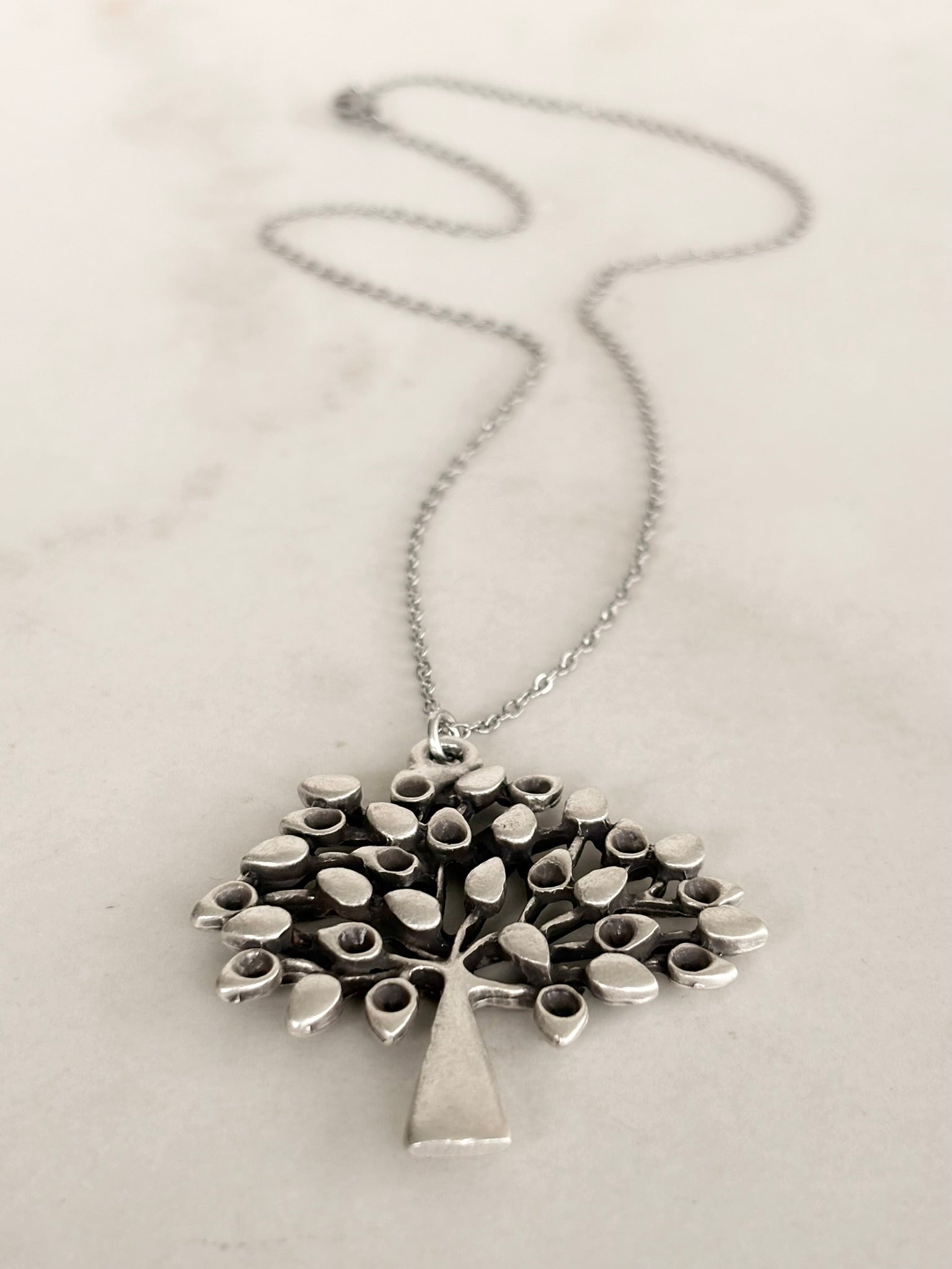 Silver Tree of Life Pendant Necklace, Teardrop Leaves