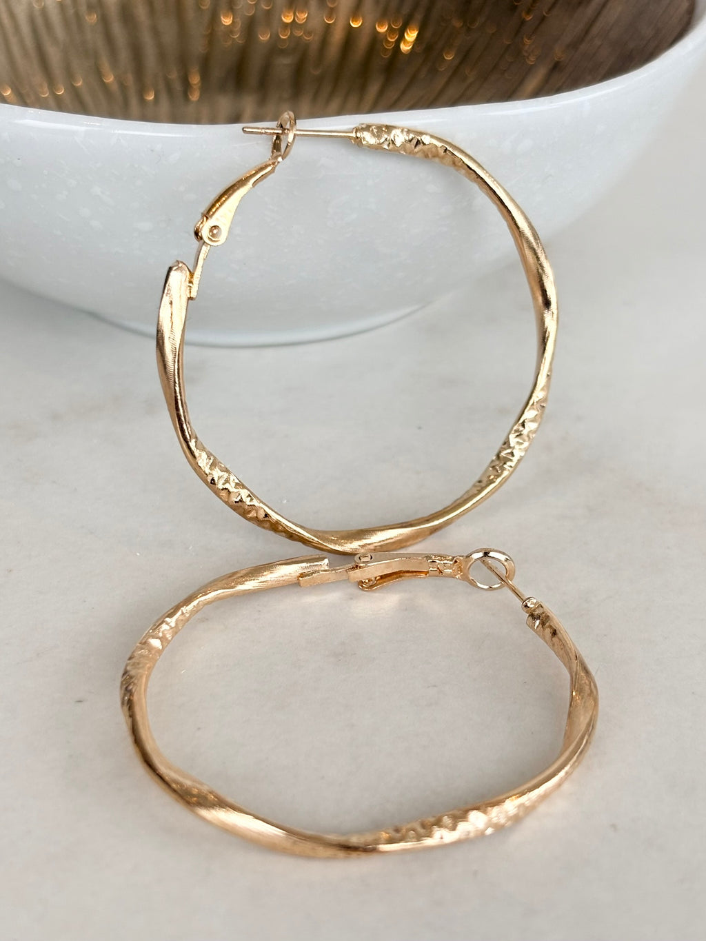 Gold Half Textured Twist Hoop Earrings