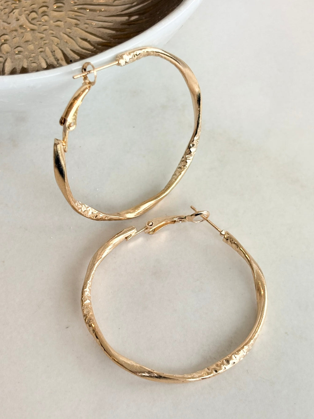 Gold Half Textured Twist Hoop Earrings