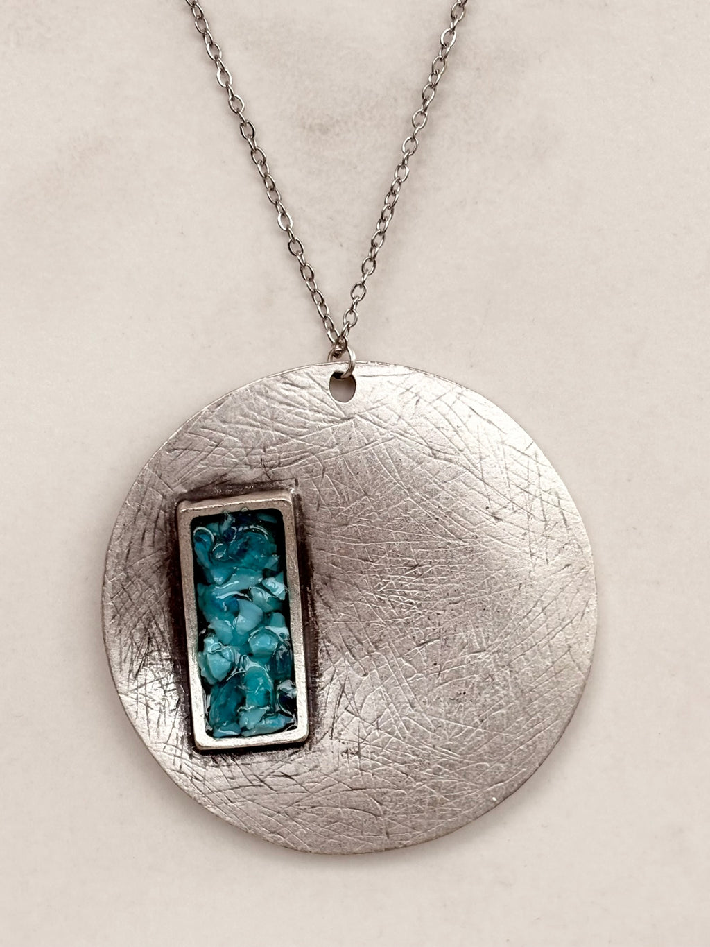 Silver Circle Pendant Necklace, Blue Resin Inlay