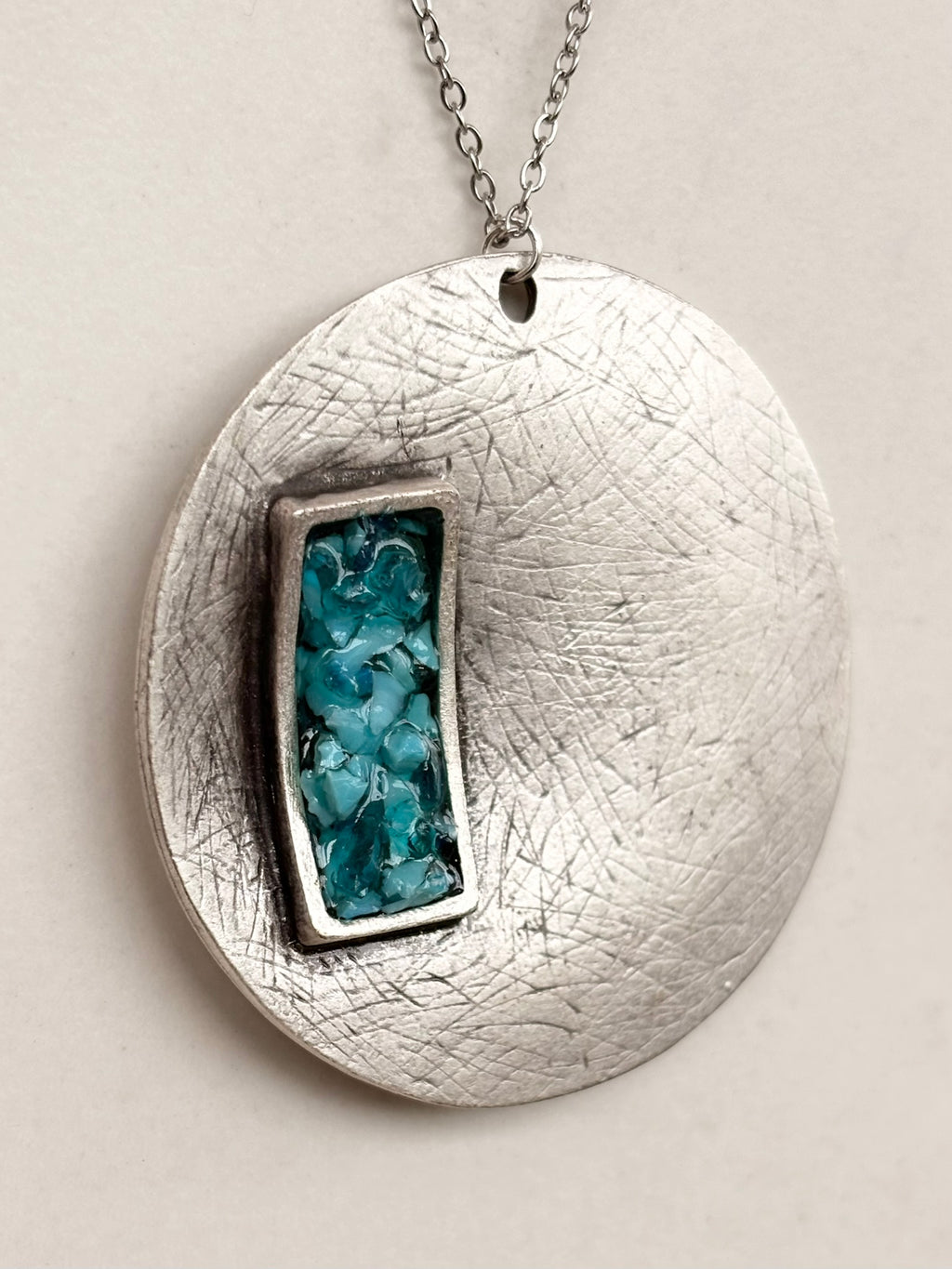Silver Circle Pendant Necklace, Blue Resin Inlay