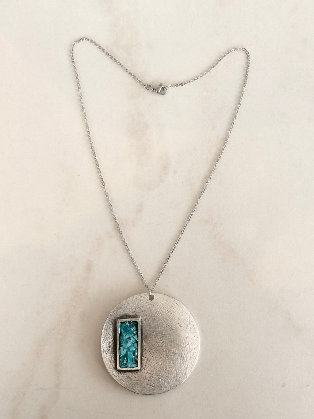 Silver Circle Pendant Necklace, Blue Resin Inlay