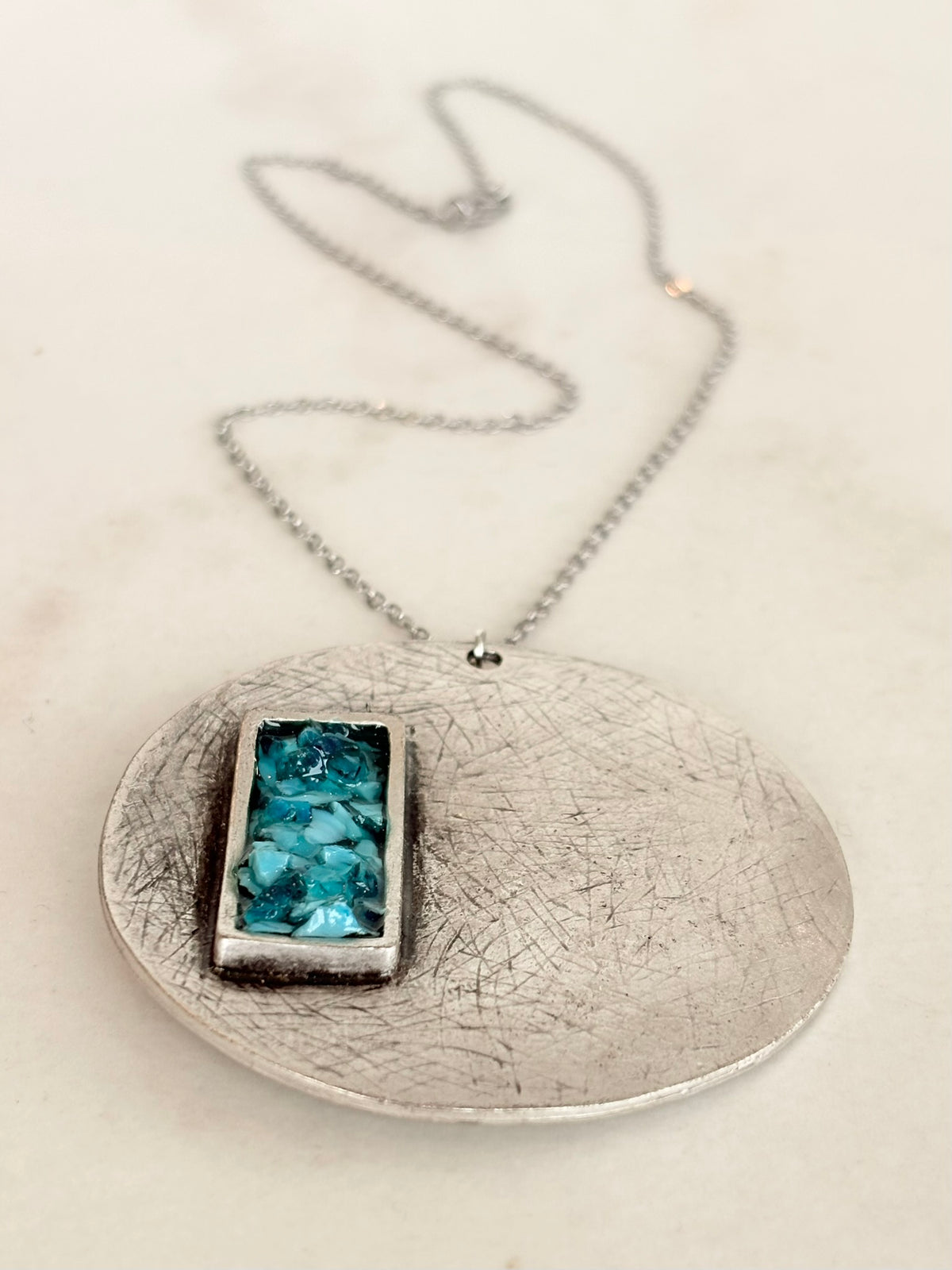 Silver Circle Pendant Necklace, Blue Resin Inlay