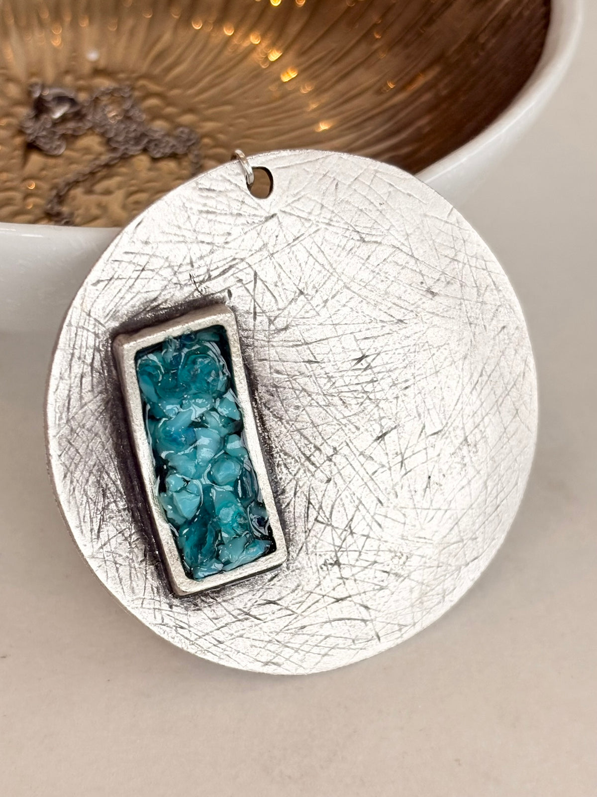 Silver Circle Pendant Necklace, Blue Resin Inlay