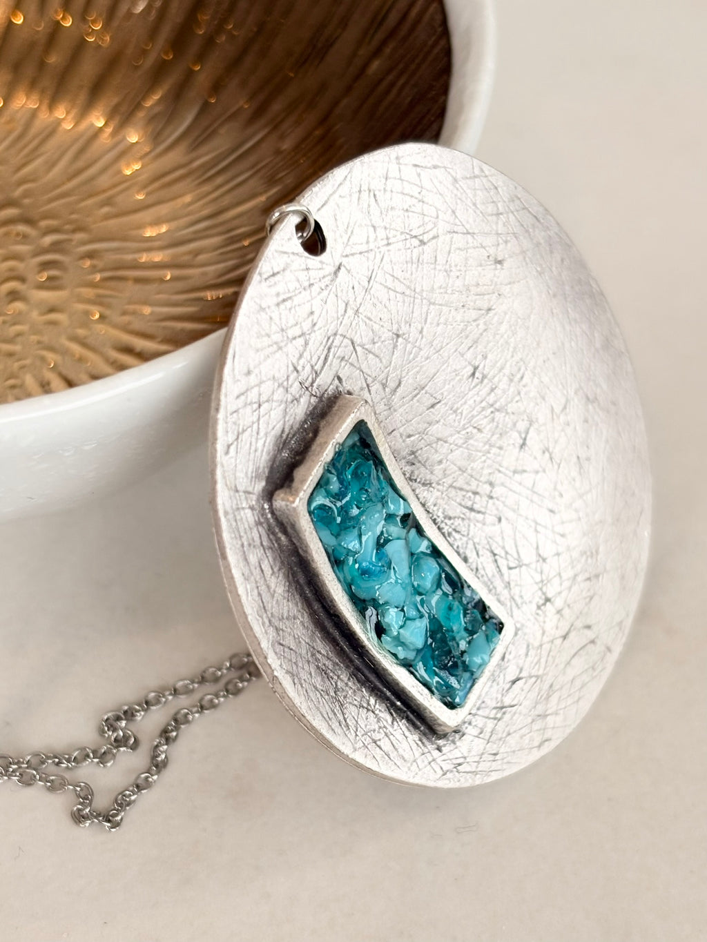 Silver Circle Pendant Necklace, Blue Resin Inlay