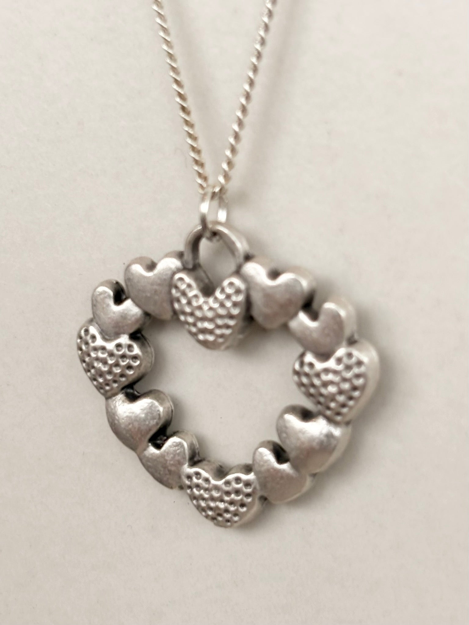 Silver Open Heart Necklace, Textured Heart Links