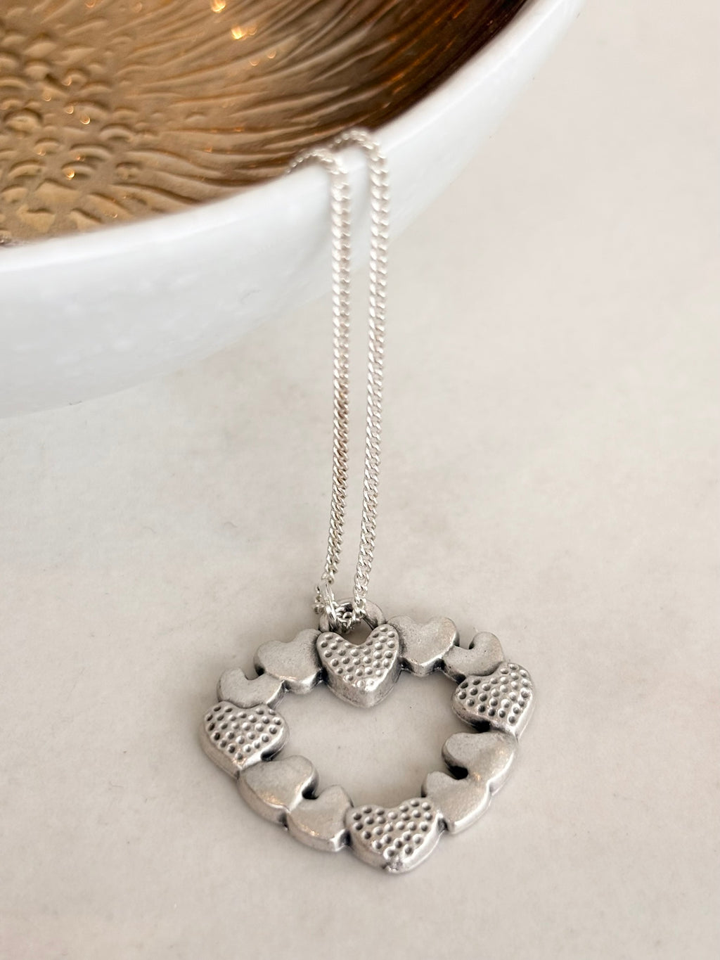 Silver Open Heart Necklace, Textured Heart Links