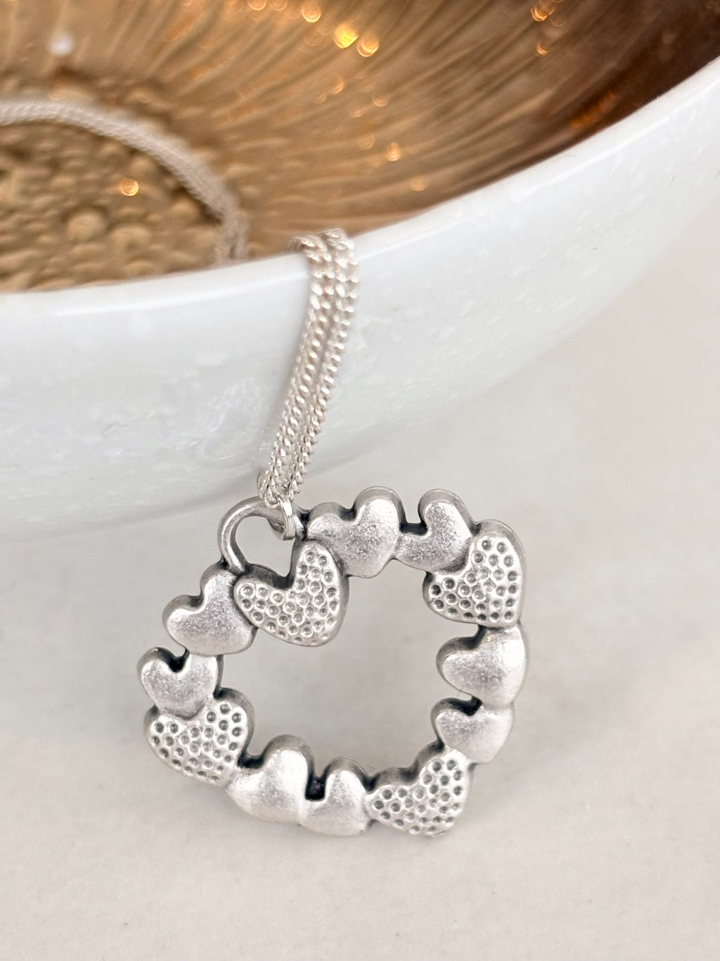 Silver Open Heart Necklace, Textured Heart Links