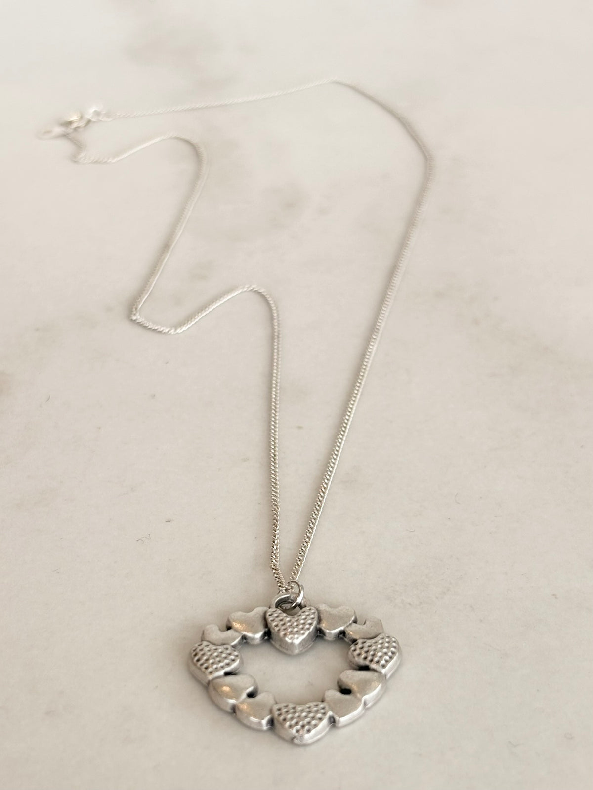 Silver Open Heart Necklace, Textured Heart Links
