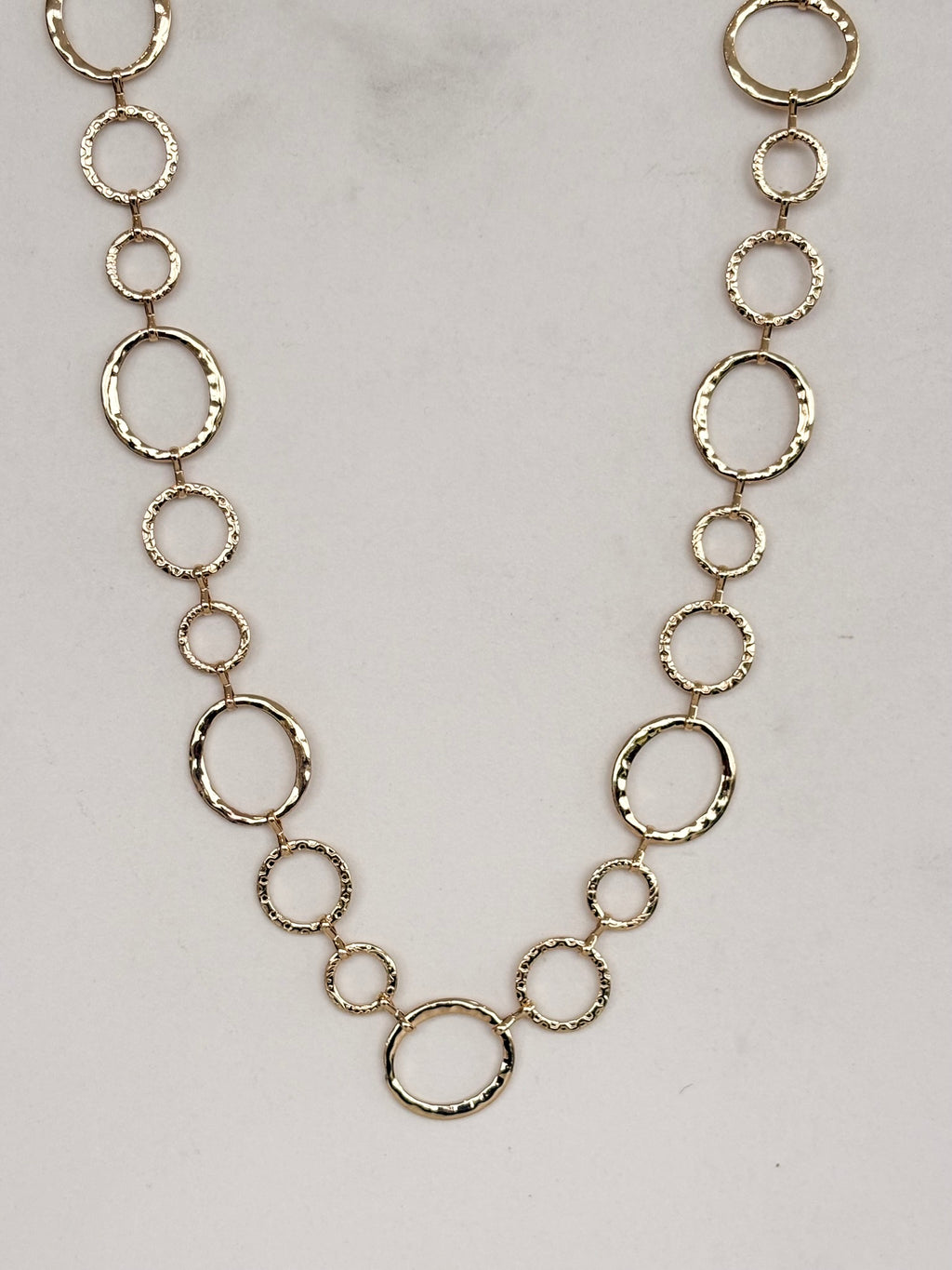 Gold Open Circle Link Necklace, Long, Textured