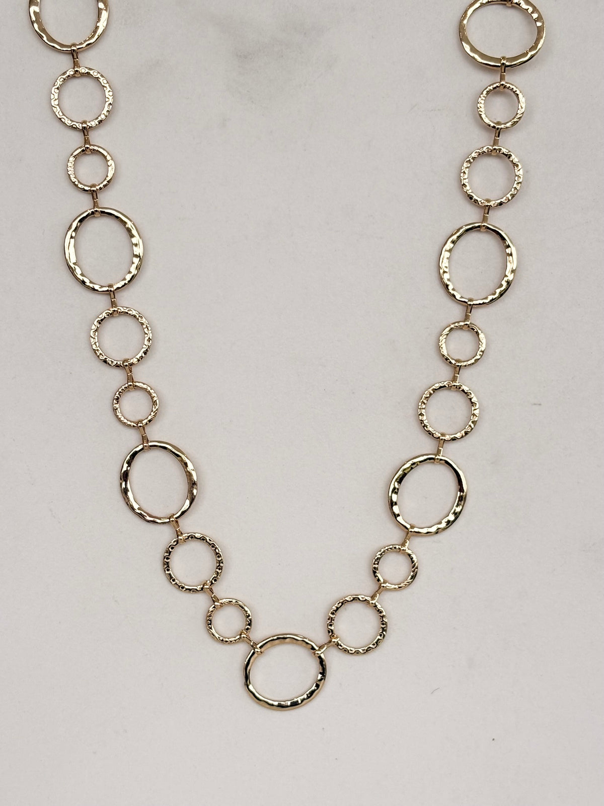 Gold Open Circle Link Necklace, Long, Textured