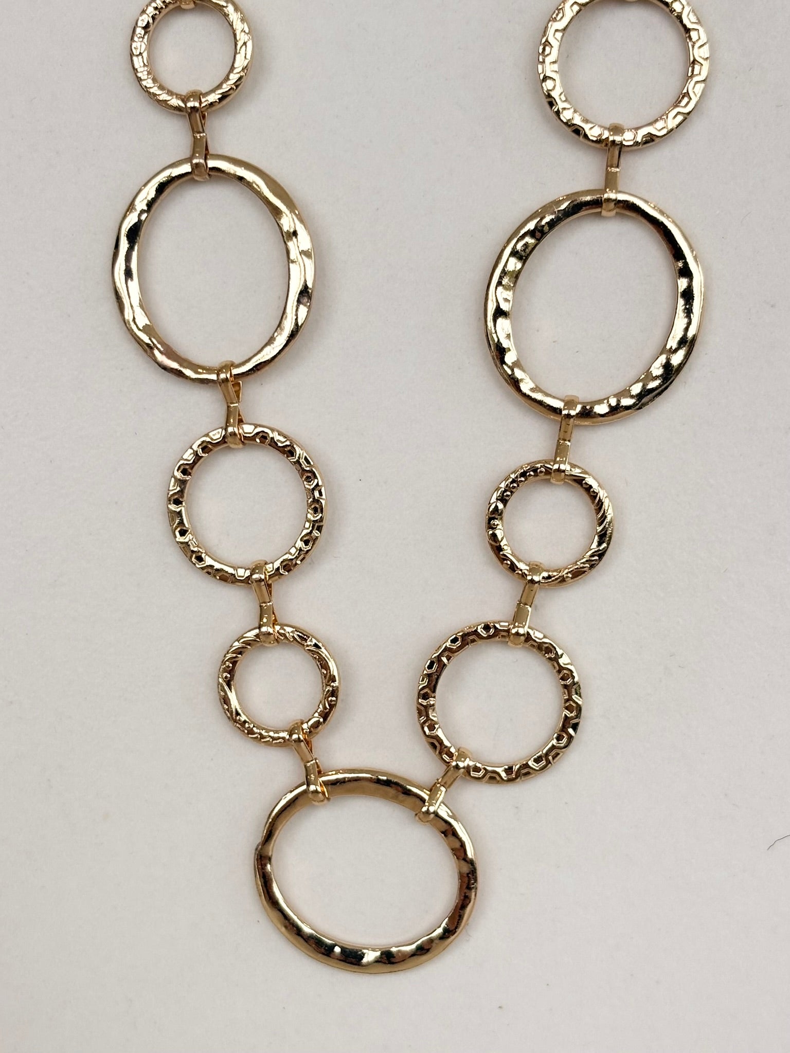 Gold Open Circle Link Necklace, Long, Textured
