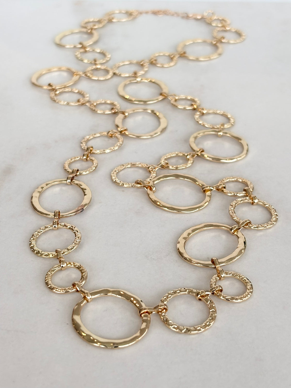 Gold Open Circle Link Necklace, Long, Textured