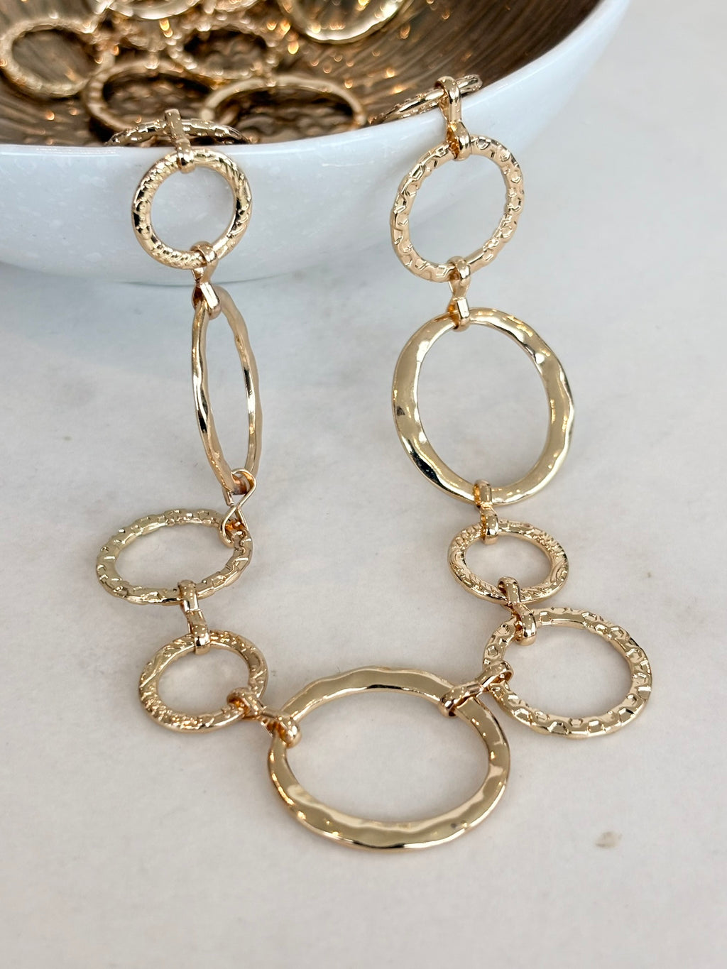 Gold Open Circle Link Necklace, Long, Textured