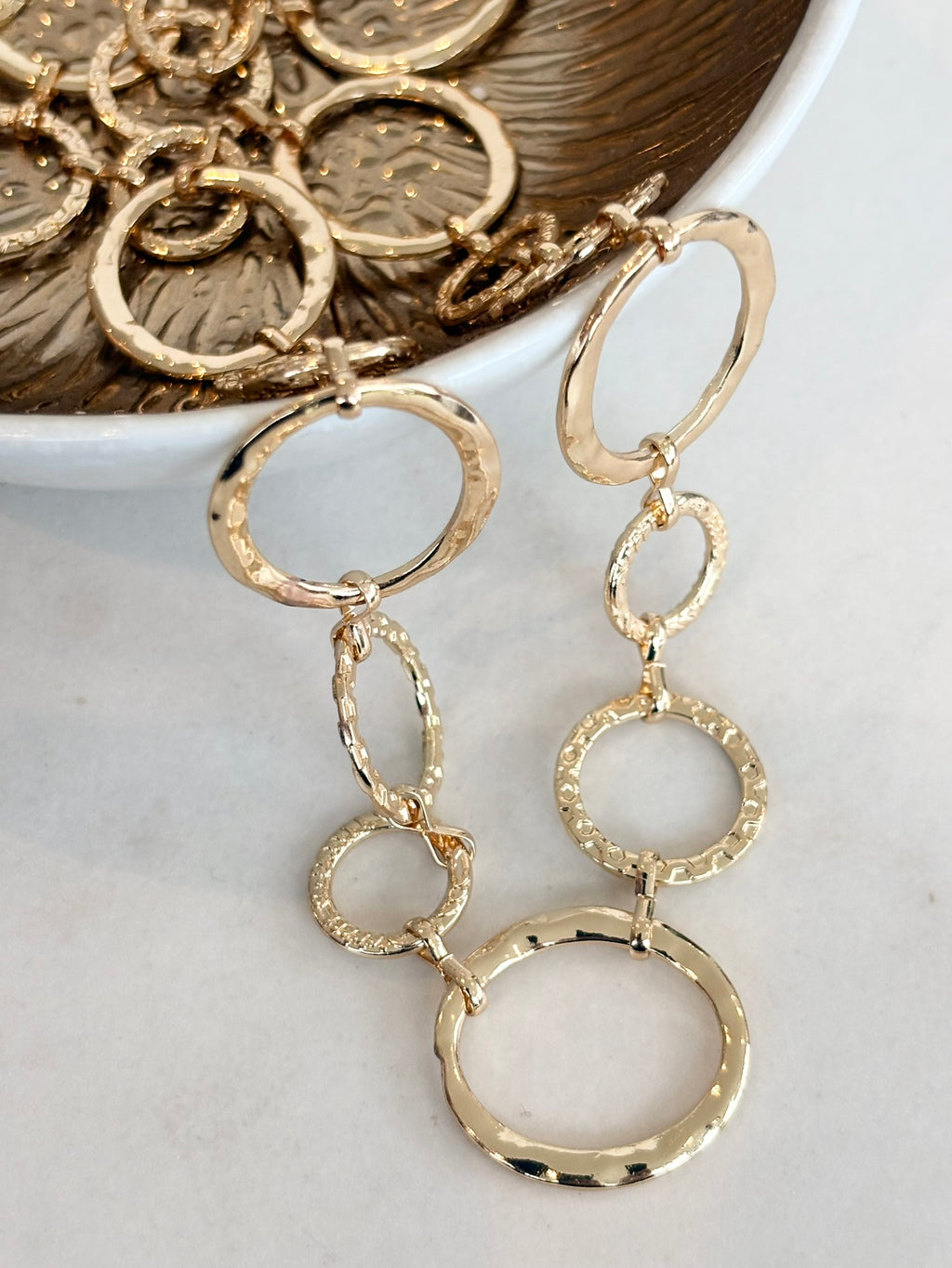 Gold Open Circle Link Necklace, Long, Textured
