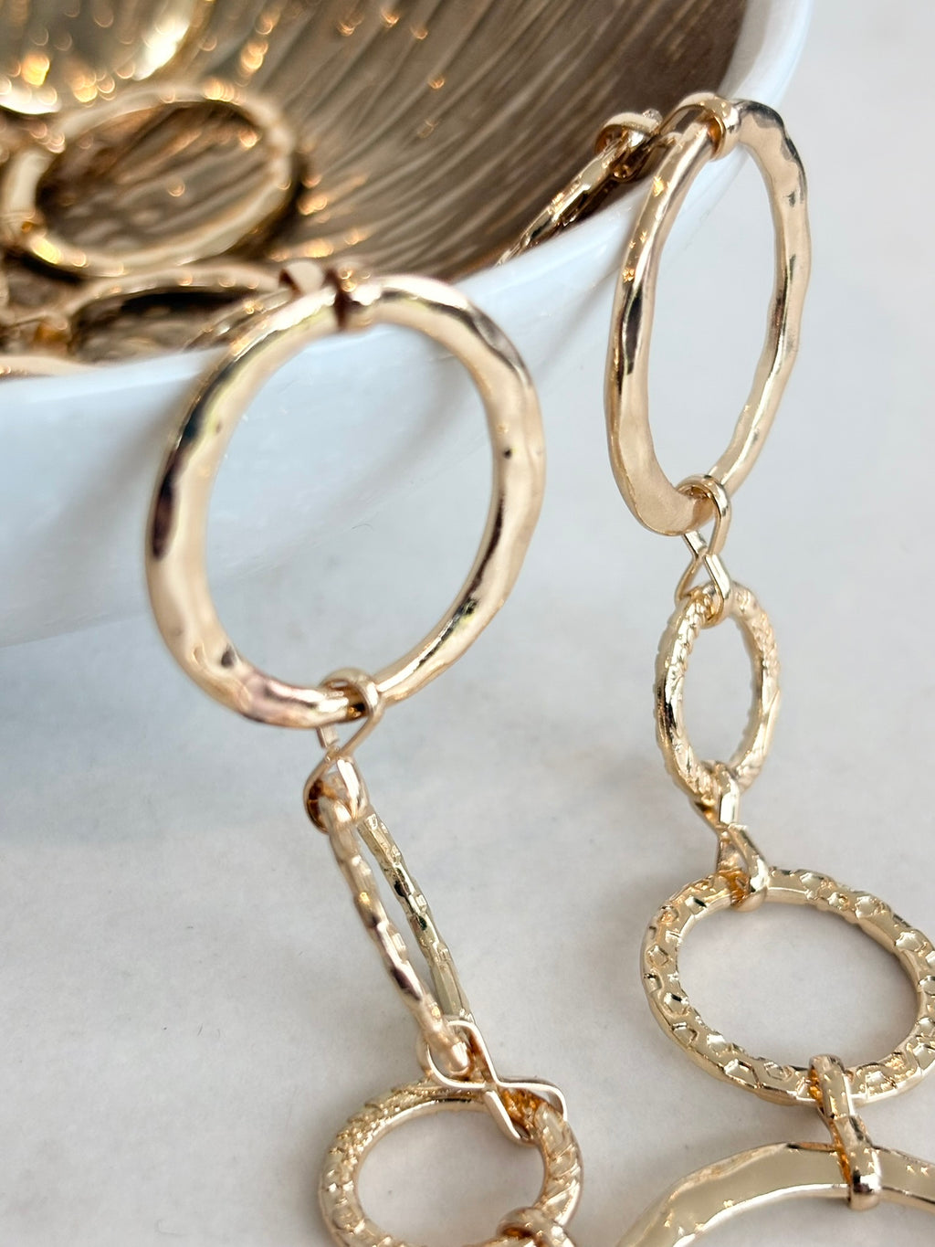 Gold Open Circle Link Necklace, Long, Textured